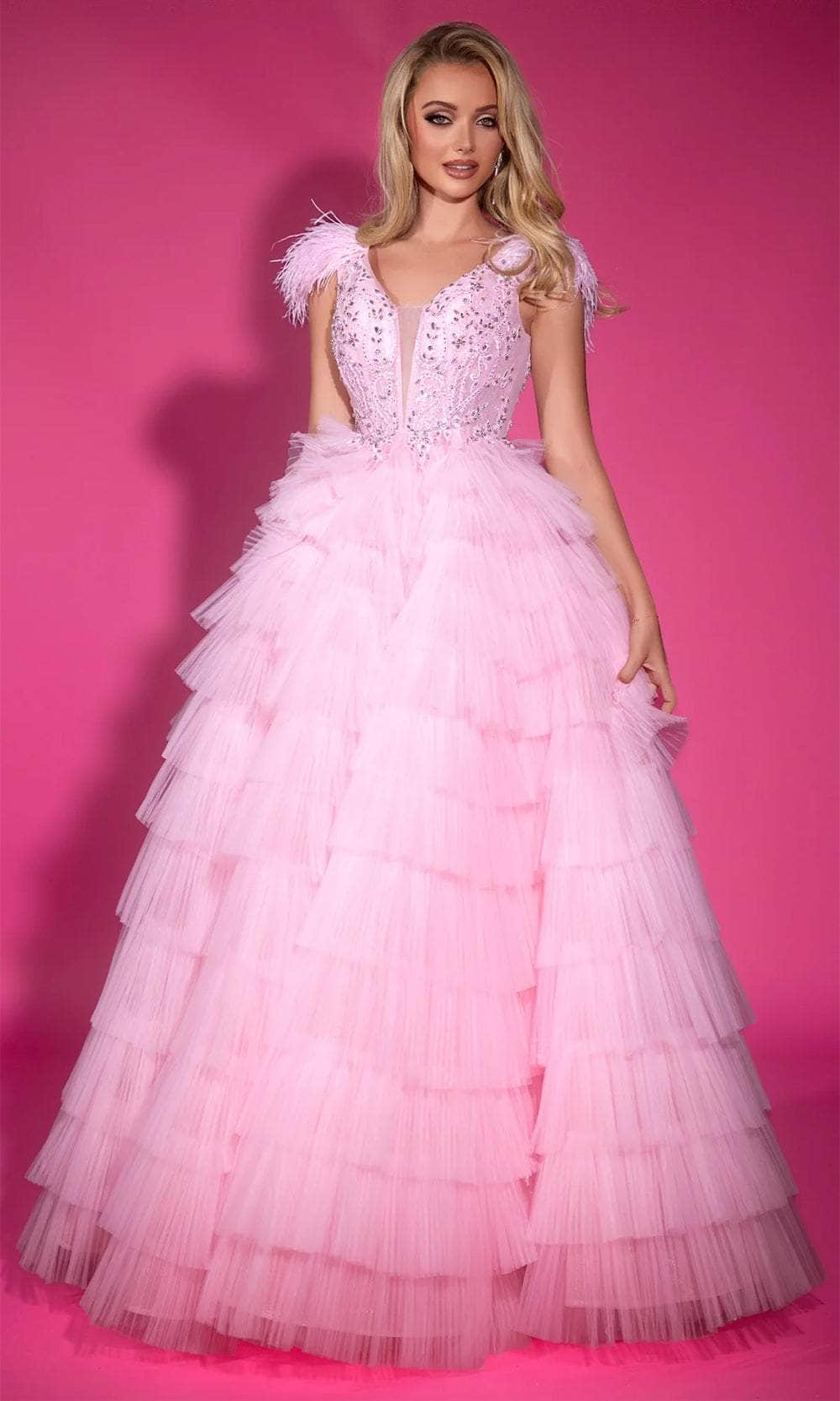 Image of Portia and Scarlett PS25317 - Plunging Neck Feather Detailed Ballgown