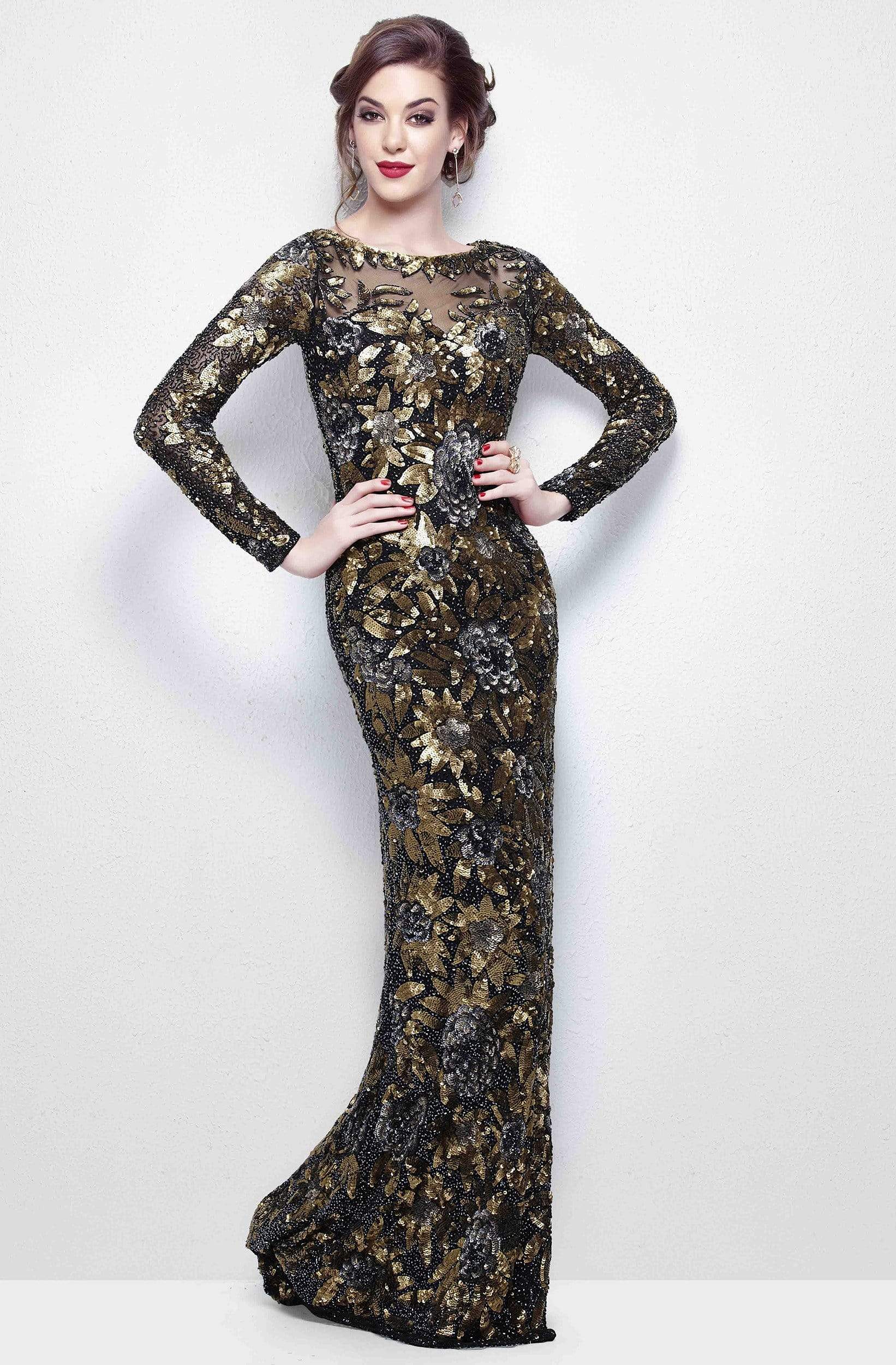 Image of Primavera Couture - Long Sleeve Luxurious Floral Sequined Long Sheath Gown 1401