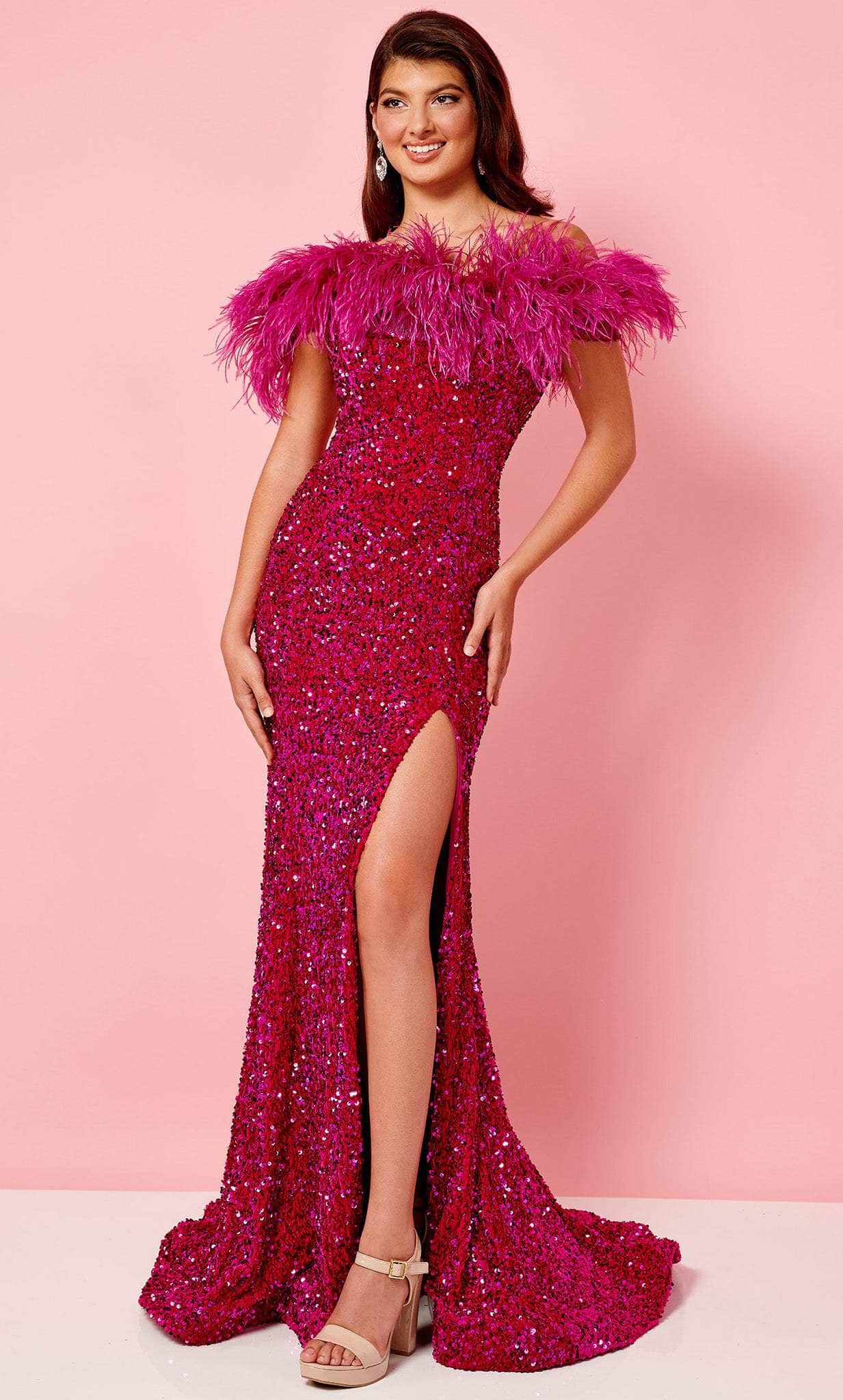 Image of Rachel Allan 70280 - Feathered Off Shoulder Prom Gown
