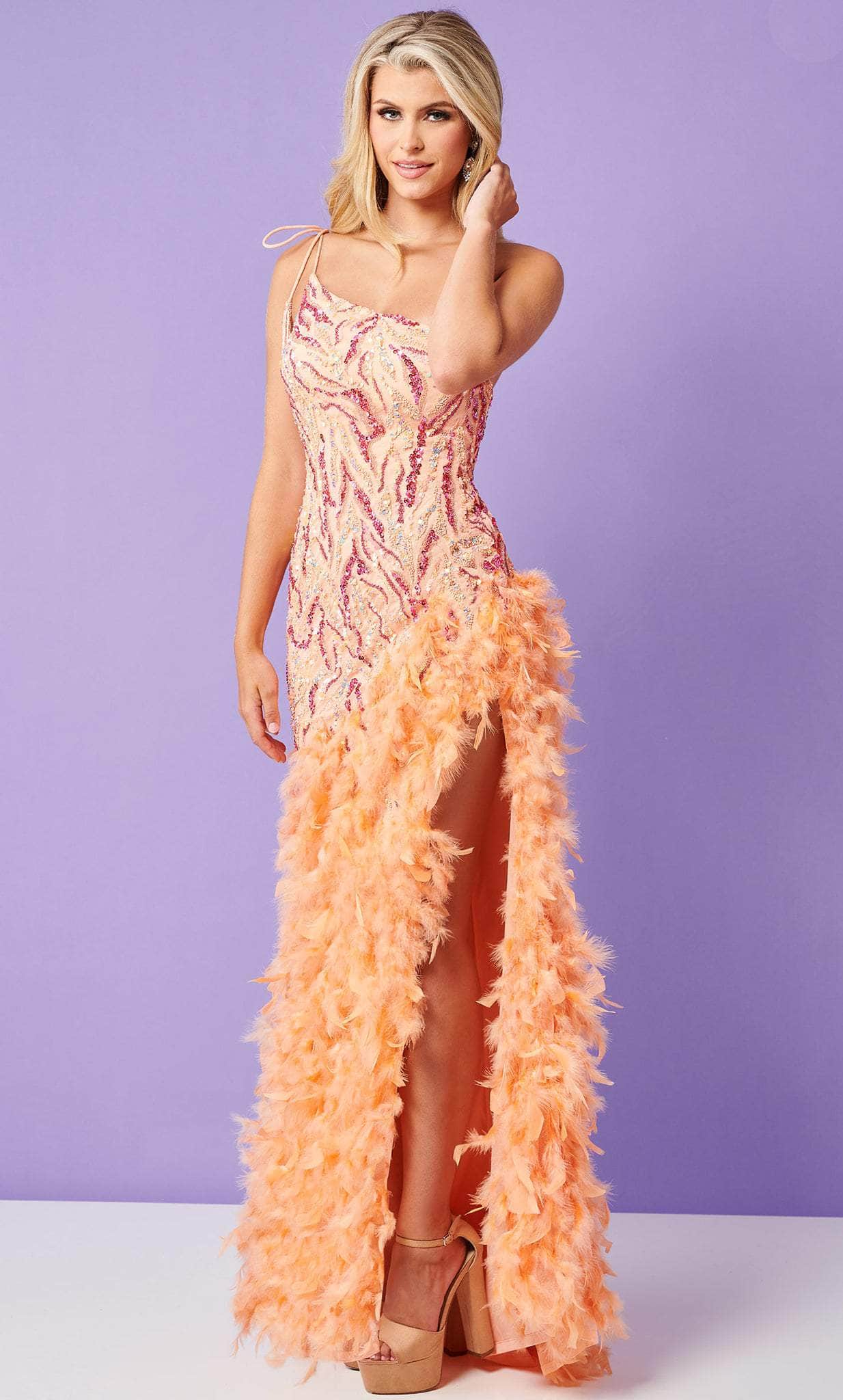Image of Rachel Allan 70412 - Fuzzy Feathered Slit Sheath Gown