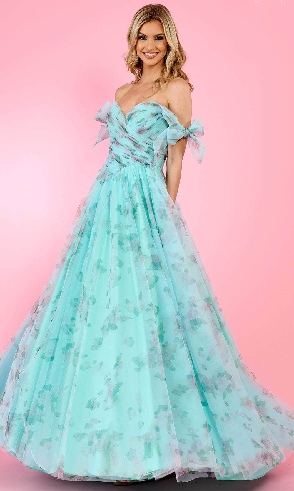 Image of Rachel Allan 70495 - Floral Off Shoulder Prom Dress