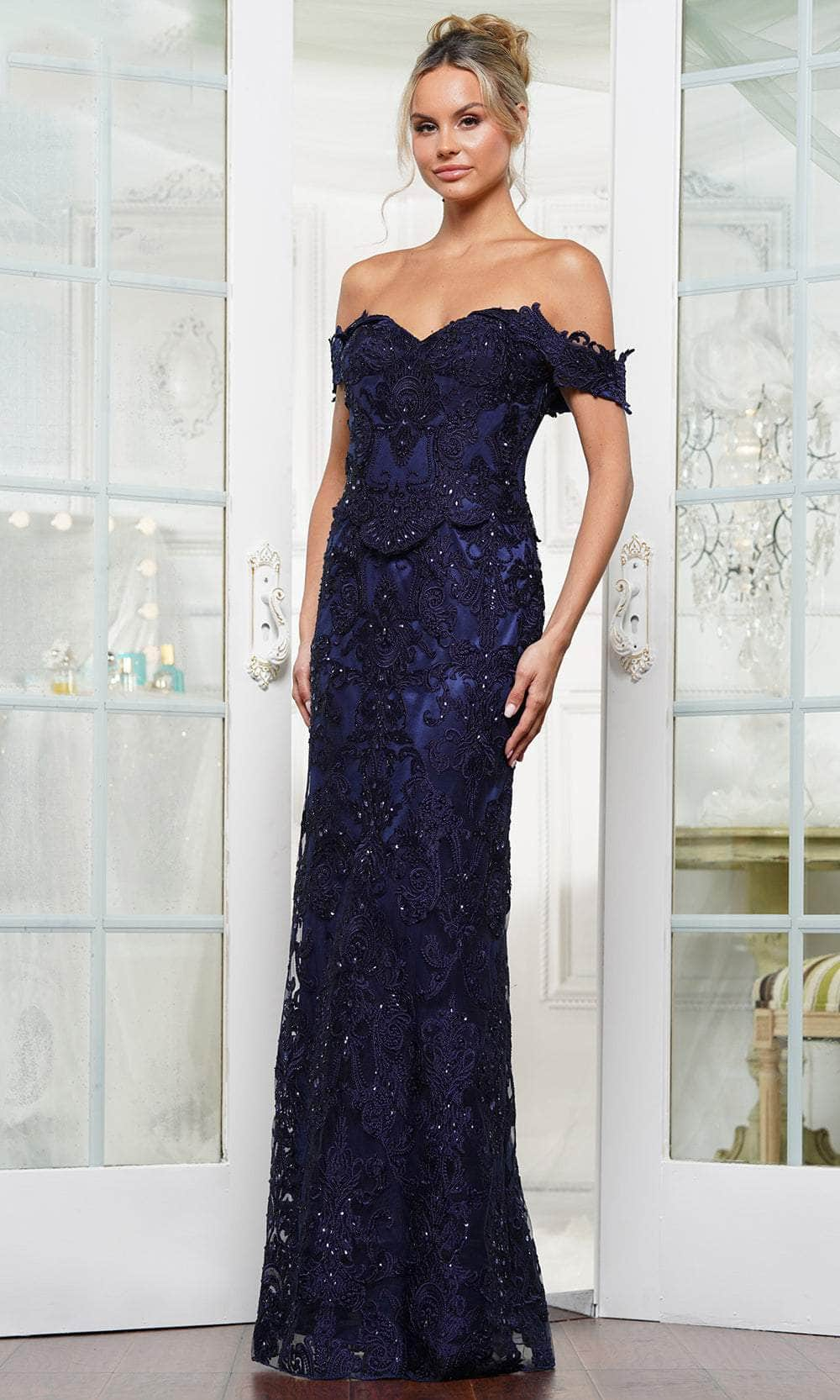 Image of Rina Di Montella RD3144 - Scalloped Peplum Off Shoulder Formal Gown