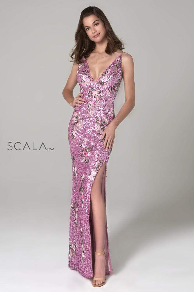 Image of SCALA - 48965 Floral Sequined Deep V-neck Sheath Dress