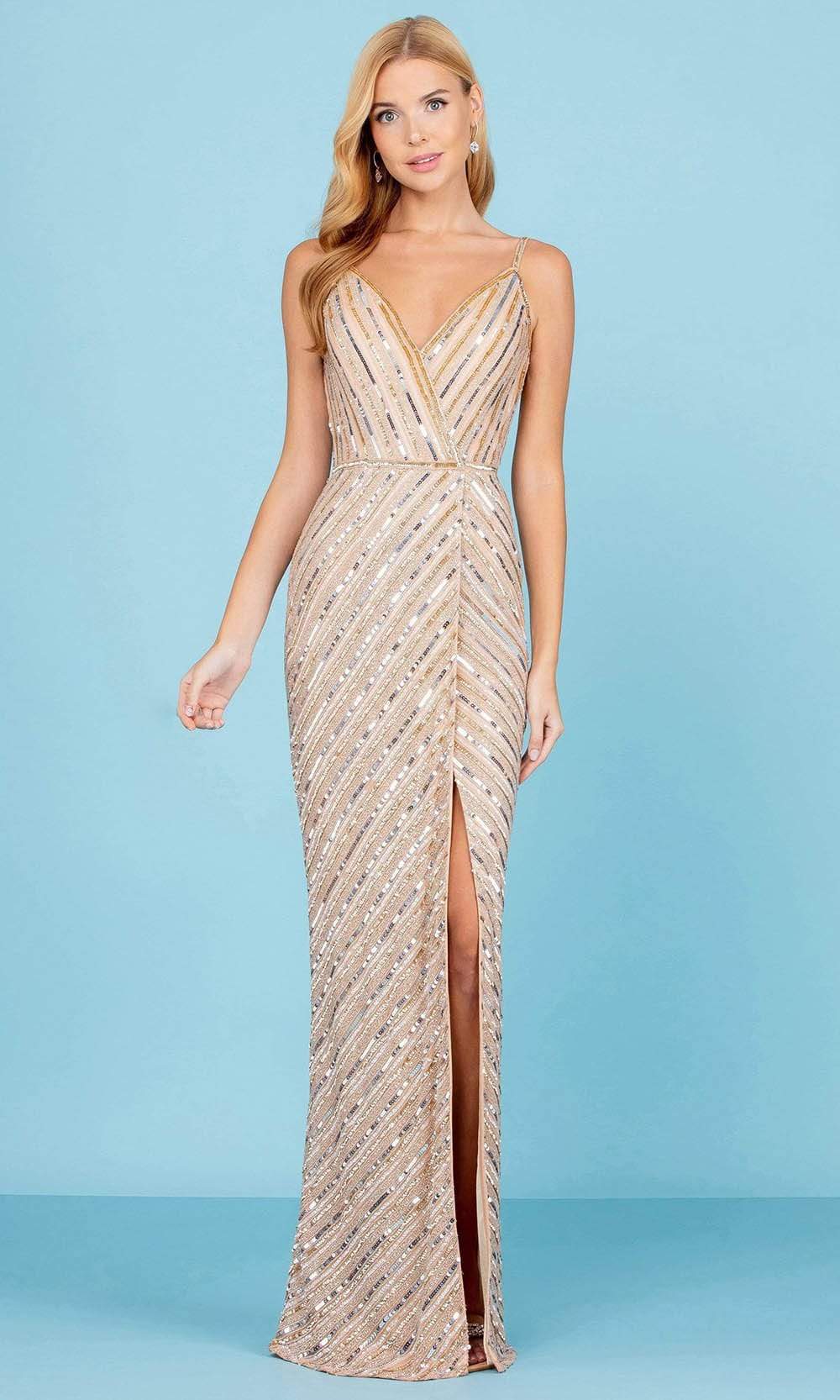 Image of SCALA - 60258 Striped Sequin V-Neck Gown