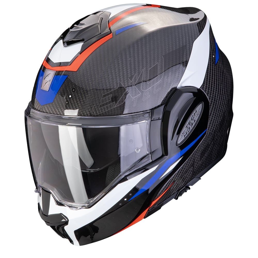 Image of Scorpion Exo-Tech Evo Carbon Rover Black Red Blue Modular Helmet Talla 2XL