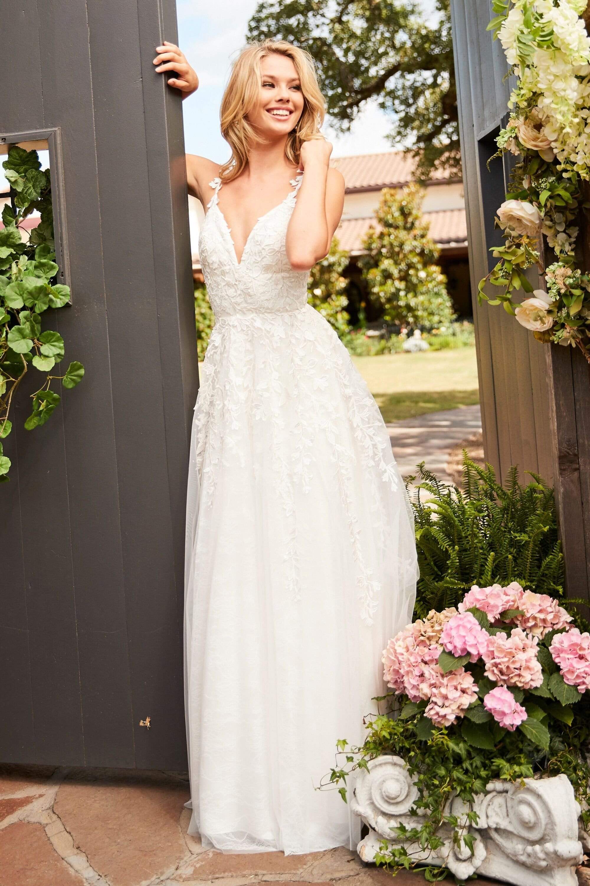 Image of Sherri Hill - 52342 Beaded Lace Deep V-neck Long A-line Dress