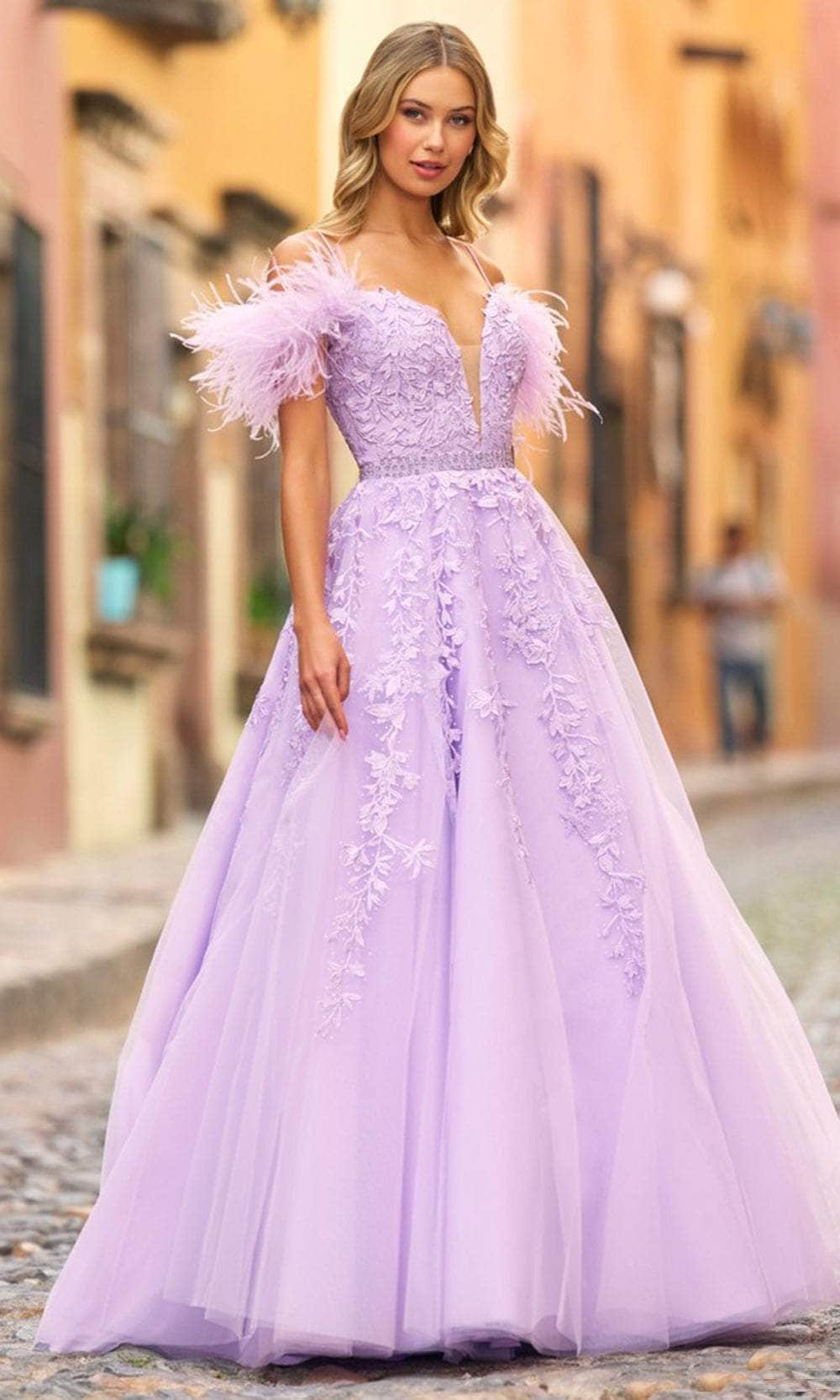 Image of Sherri Hill 55329 - Feather Embellished Off-Shoulder Prom Gown