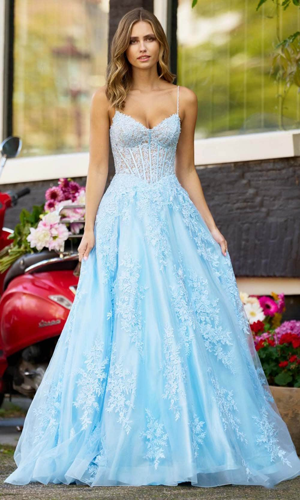 Image of Sherri Hill 56211 - Spaghetti Strap Appliqued Prom Gown