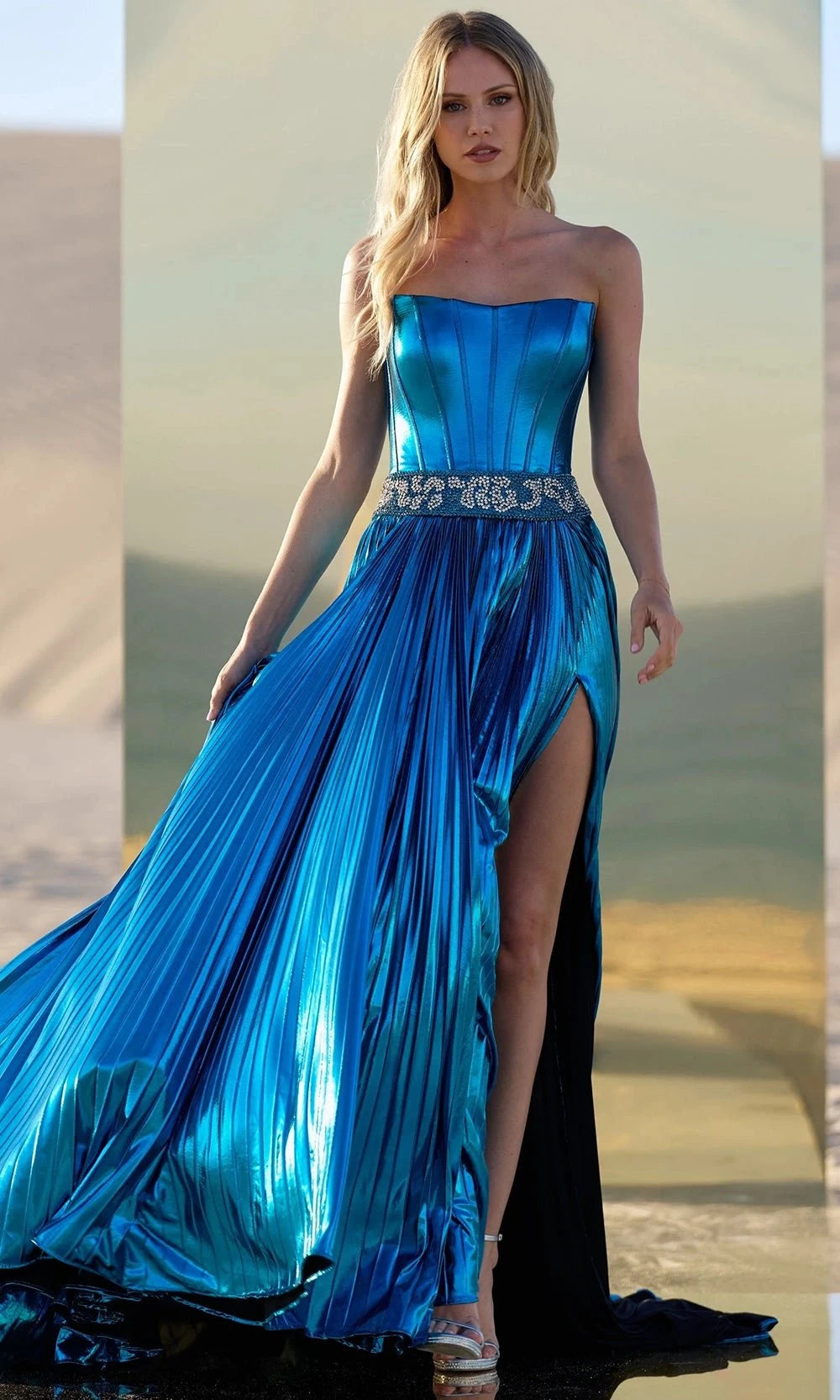 Image of Sherri Hill 56522 - Metallic Scoop Neck Strapless Dress