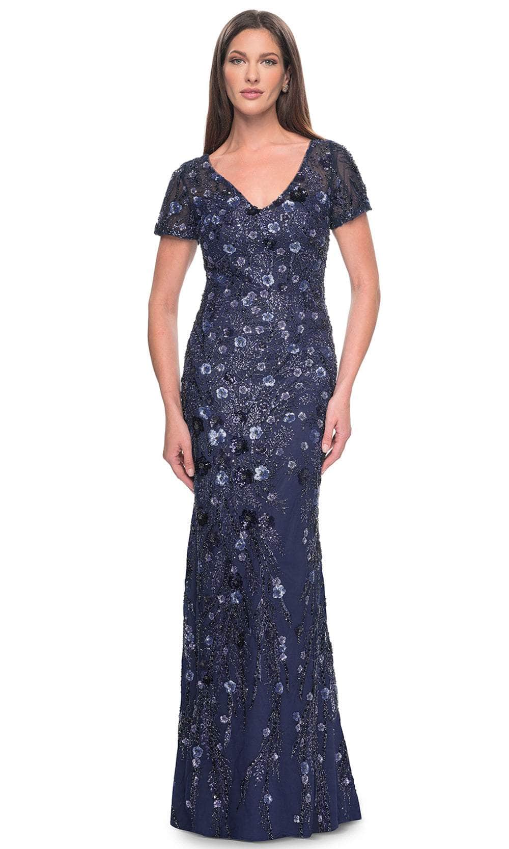 Image of Sim - V-Neck Sparkling Floral Embellished Evening Dress