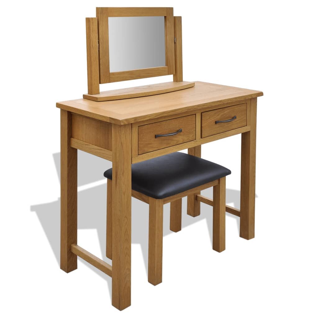 Image of Solid Oak Wood Dressing Table with Stool