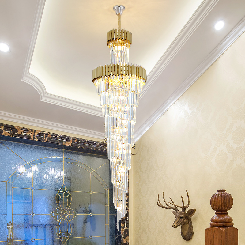 Image of Spiral Staircase Chandelier Gold Chandeliers Duplex Villa Hotel Lobby Living Room Crystal Lighting Engineering Crystal Pendant Lights