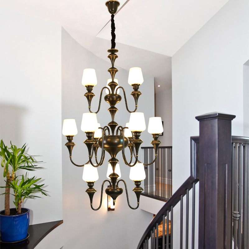 Image of Stair Lamps Long Chandelier Lighting Duplex Building Modern Glass Chandelier Simple Pendant Lamp Copper American Villa Hotel Staircase Chandeliers