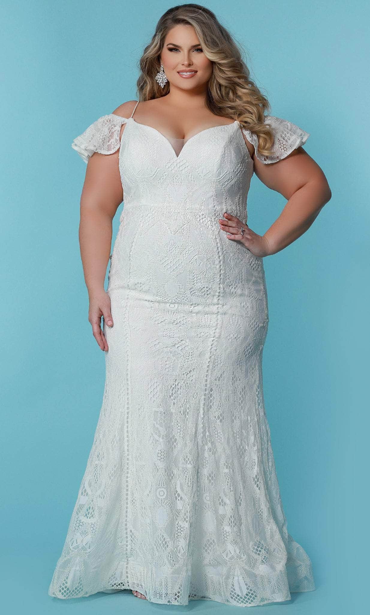 Image of Sydney's Closet Bridal SC5297 - Lace Drape Sleeve V-Neck Wedding Dress