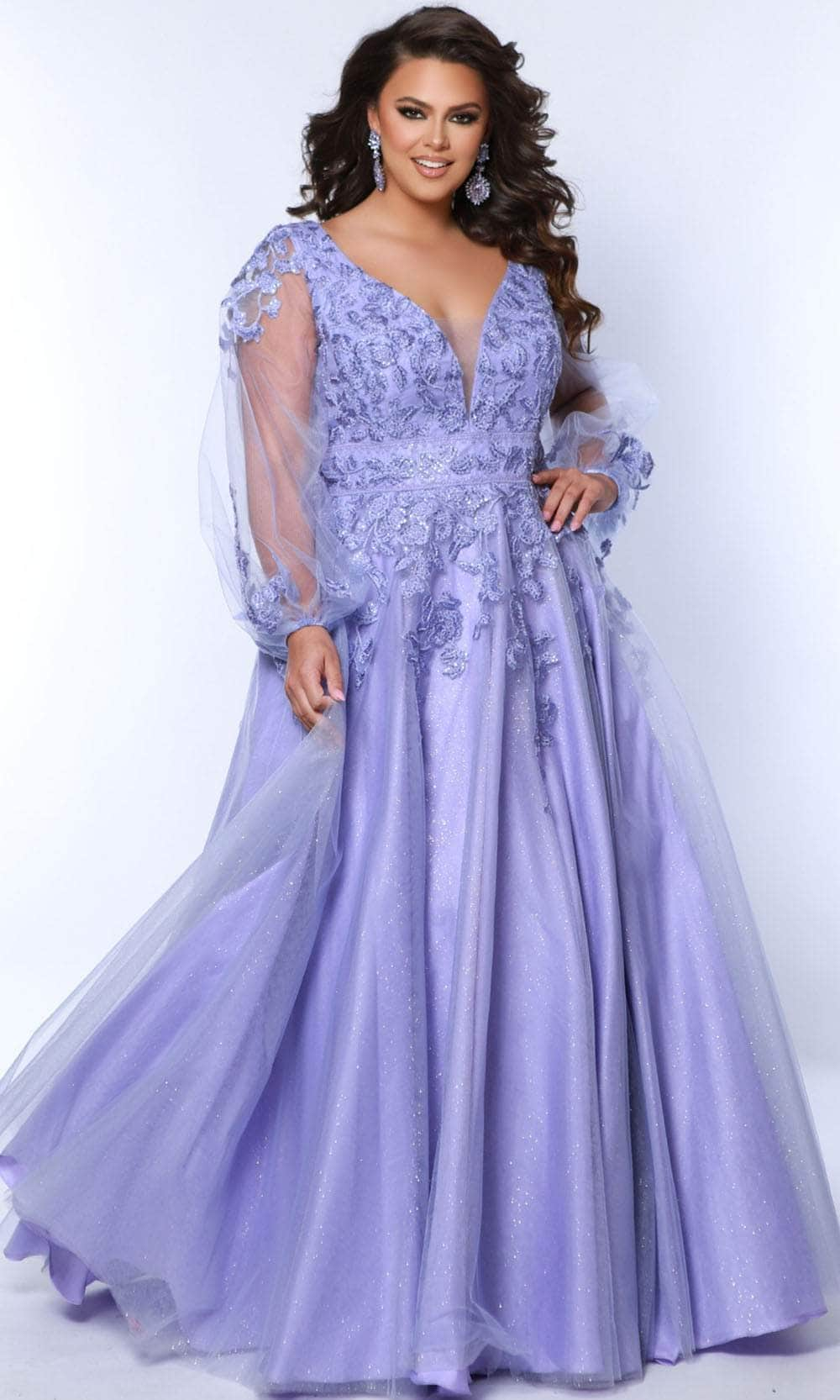 Image of Sydney's Closet SC7373 - Illusion Sleeve Appliqued Prom Dress