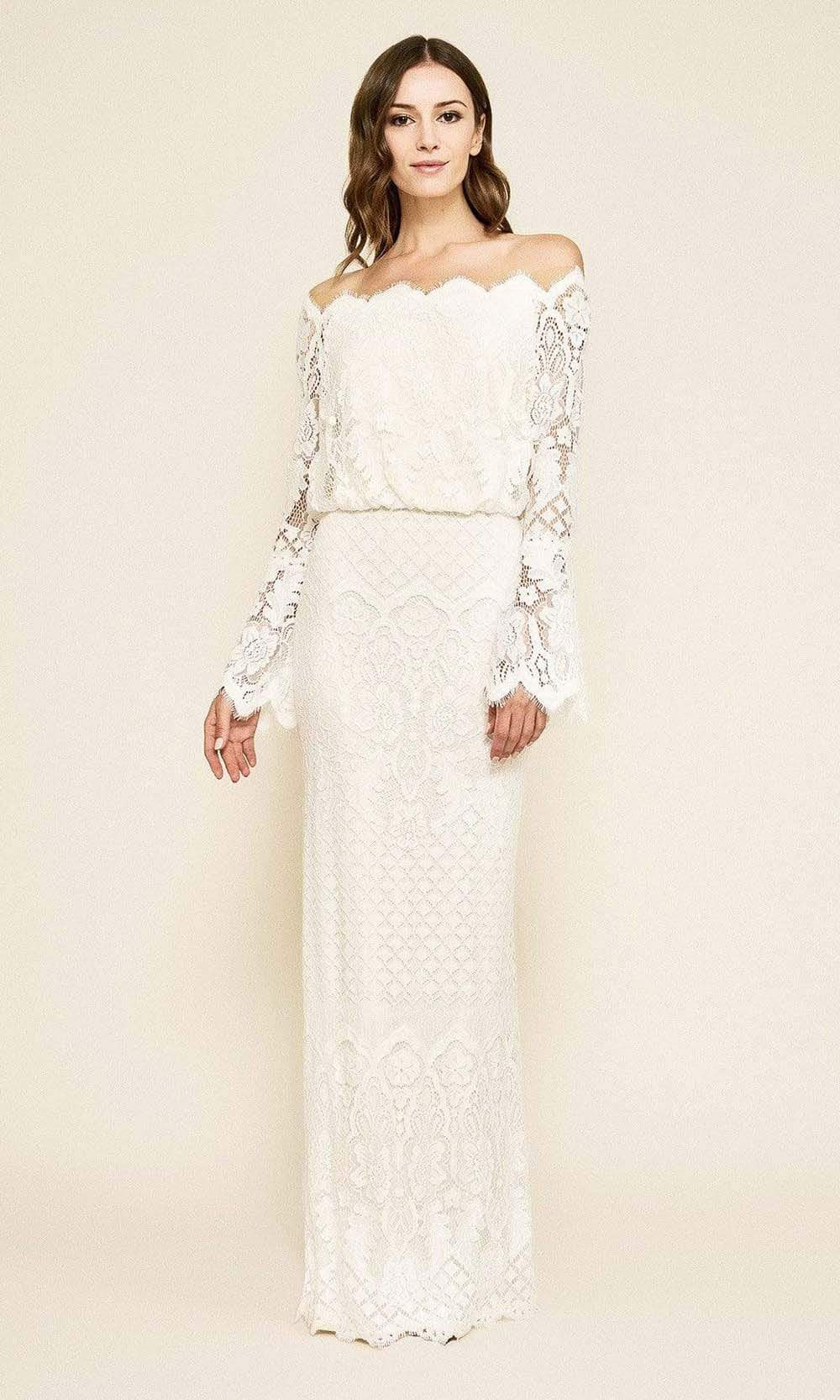Image of Tadashi Shoji - Izumi Bell Sleeve Off-the-Shoulder Lace Gown