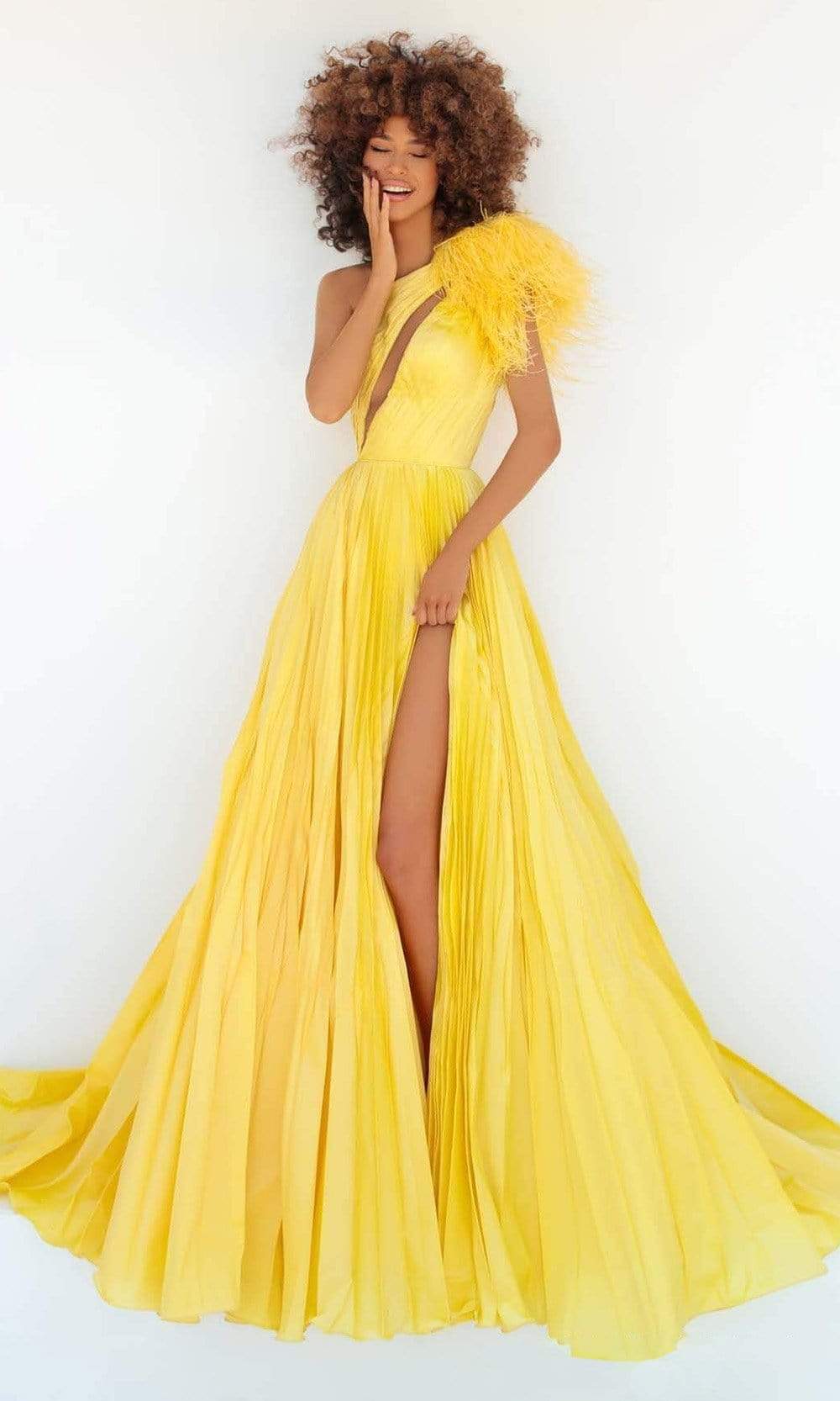 Image of Tarik Ediz - 51013 Feather Draped Cutout Gown