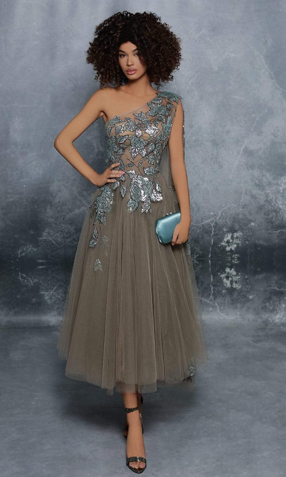 Image of Tarik Ediz - 96007 Sequined Asymmetric Tea Length A-line Dress