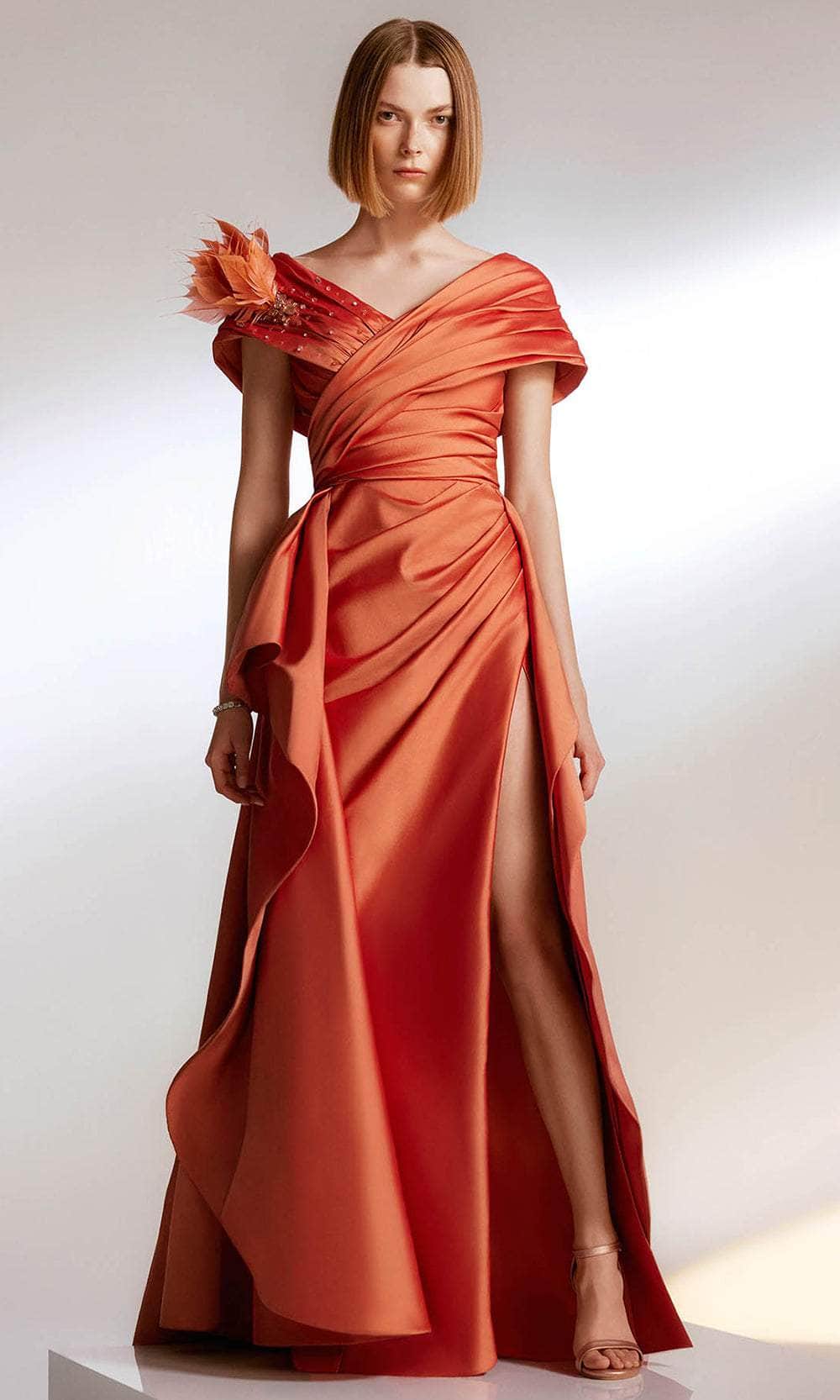 Image of Tarik Ediz 98221 - Feather Ornate Overskirt Evening Gown