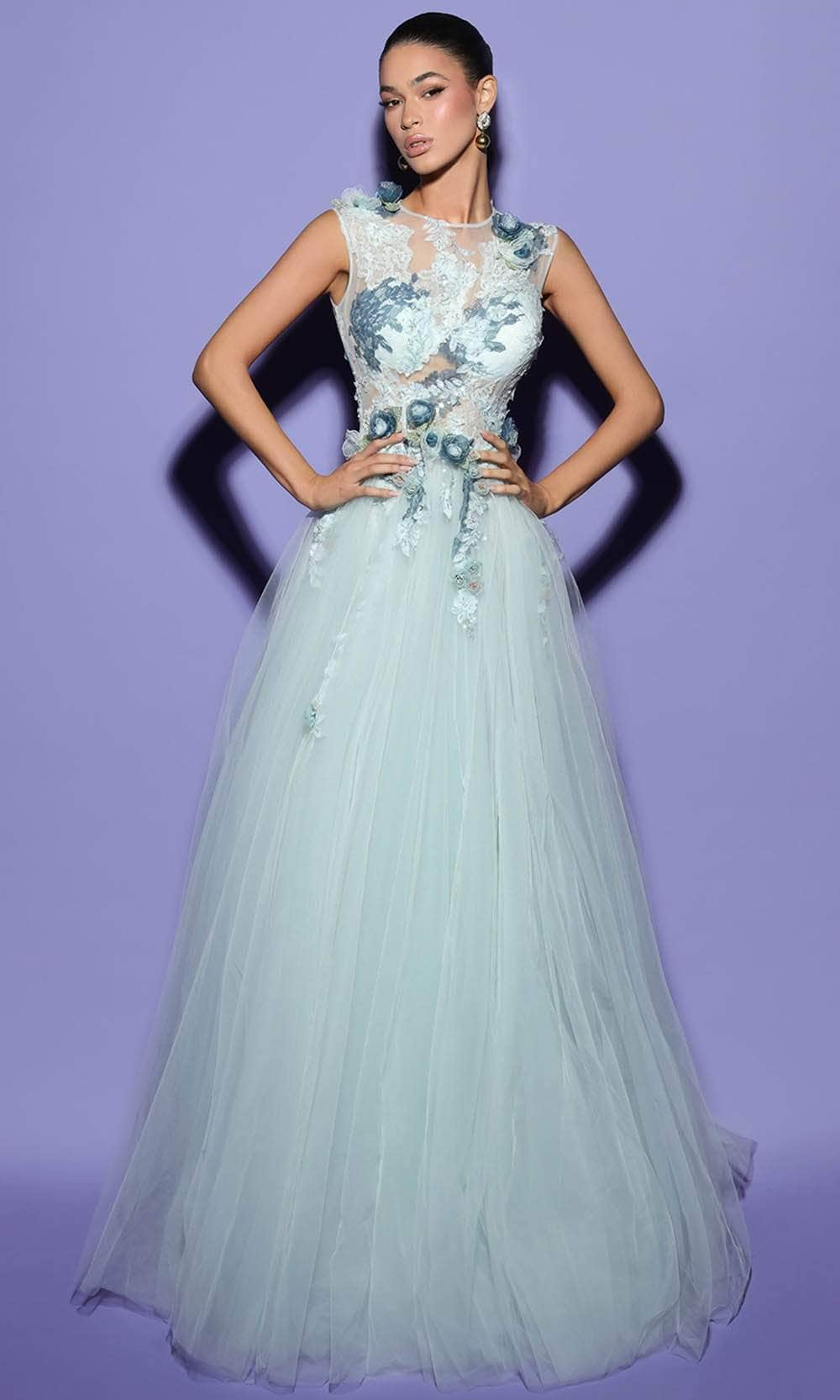 Image of Tarik Ediz 98444 - Floral Applique Illusion A-line Gown