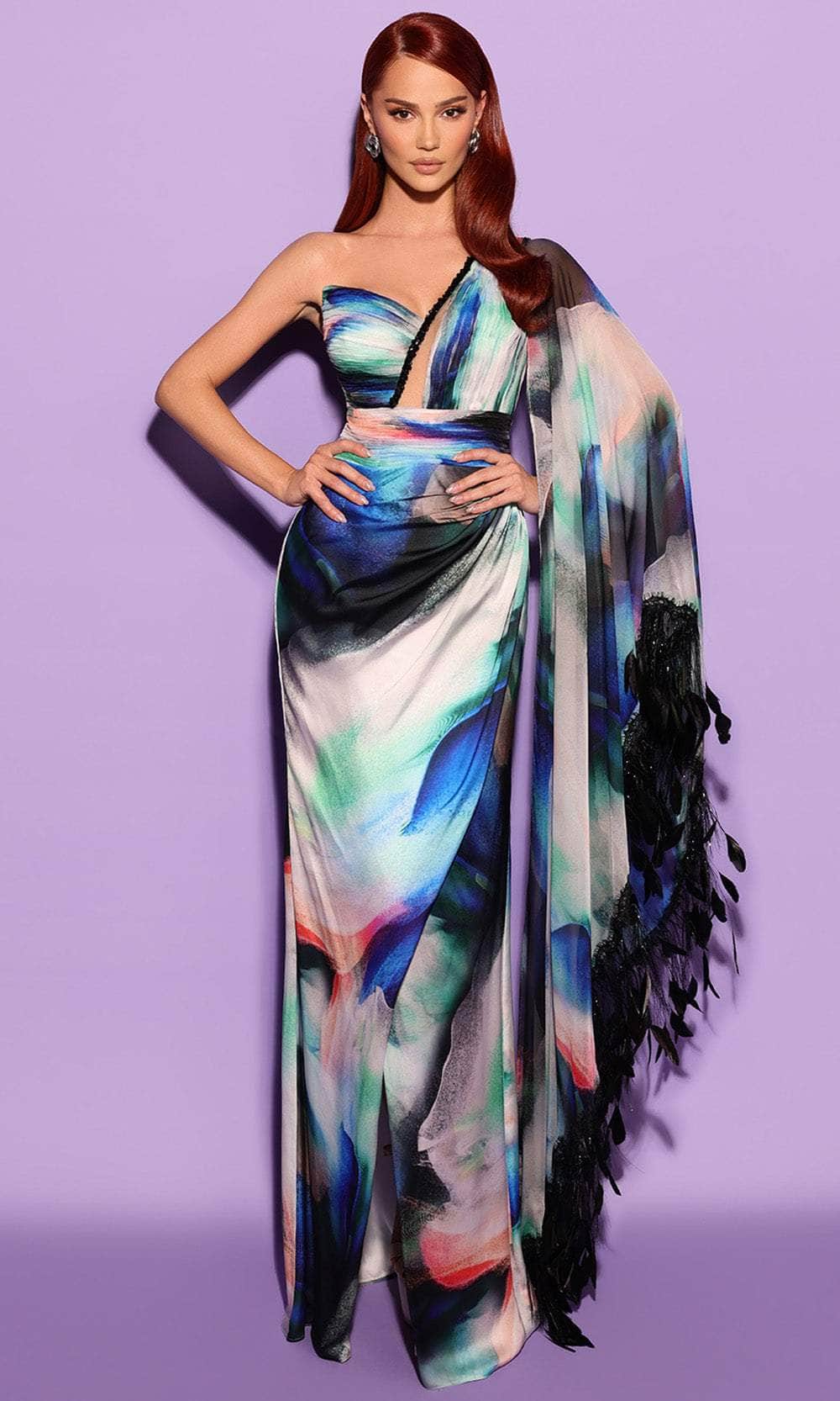 Image of Tarik Ediz 98529 - Asymmetric Single Shoulder Cape Dress