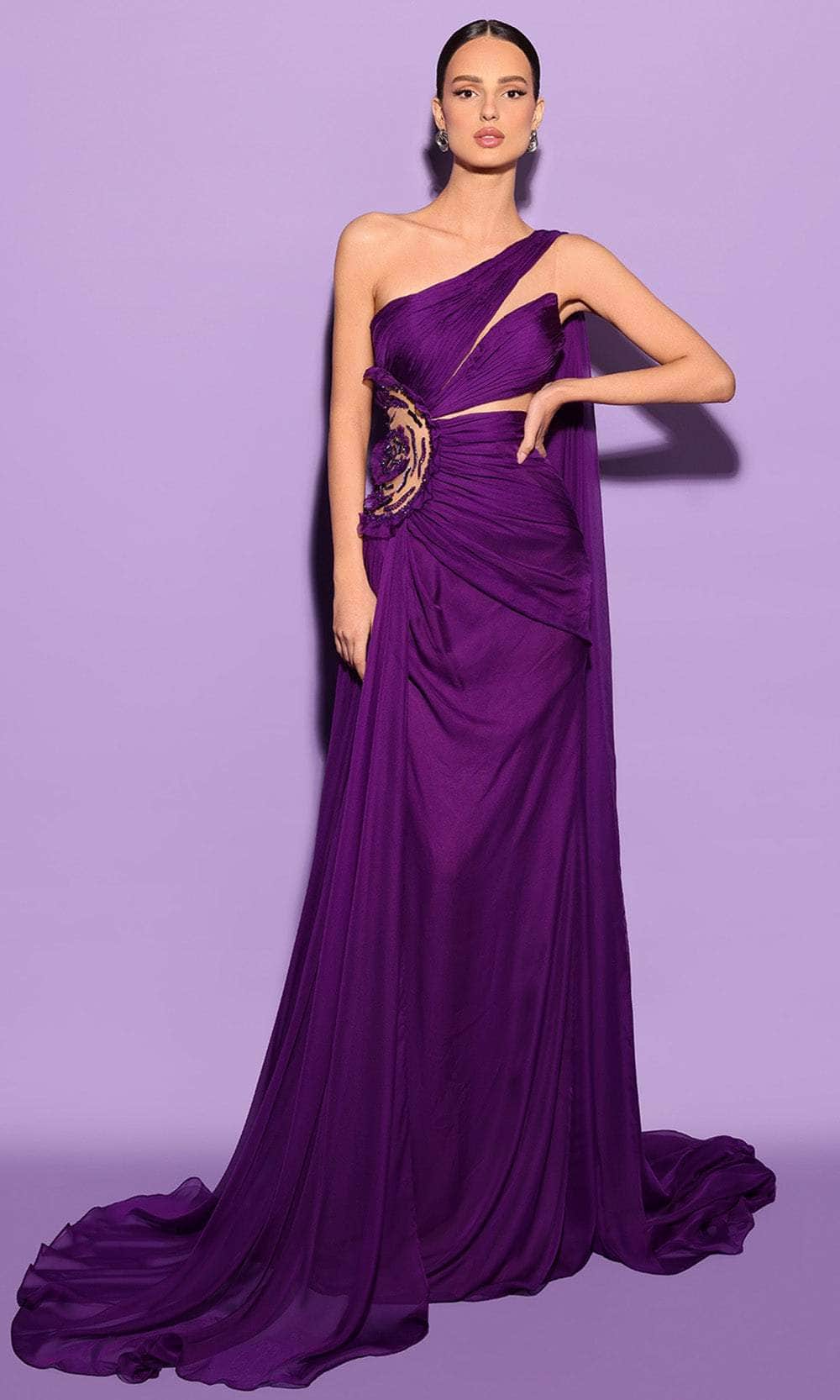 Image of Tarik Ediz 98550 - Pleated Asymmetric Cape Long Dress
