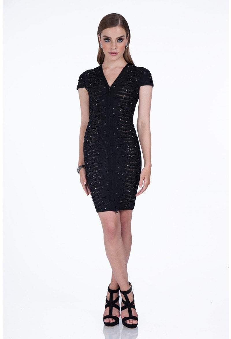 Image of Terani Couture - 1611C0011A Bedazzled V-Neck Sheath Dress