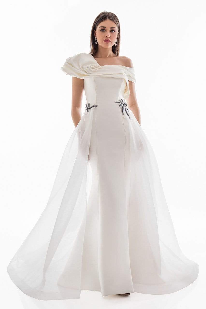 Image of Terani Couture - 1821E7100 Dramatic Off Shoulder Sheer Overskirt Gown
