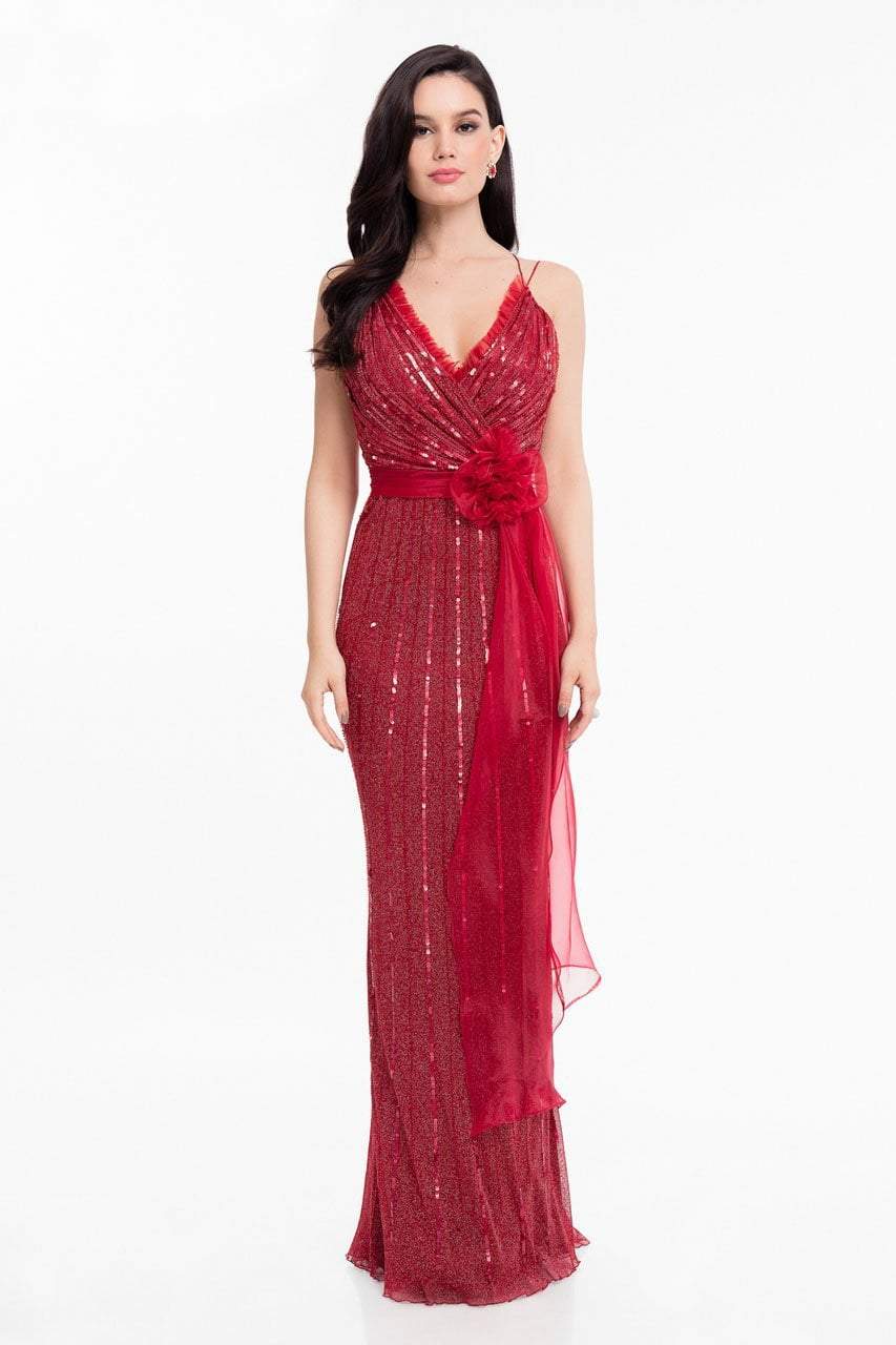 Image of Terani Couture - 1821E7111 Sequin Ornate Sashed Long Evening Gown