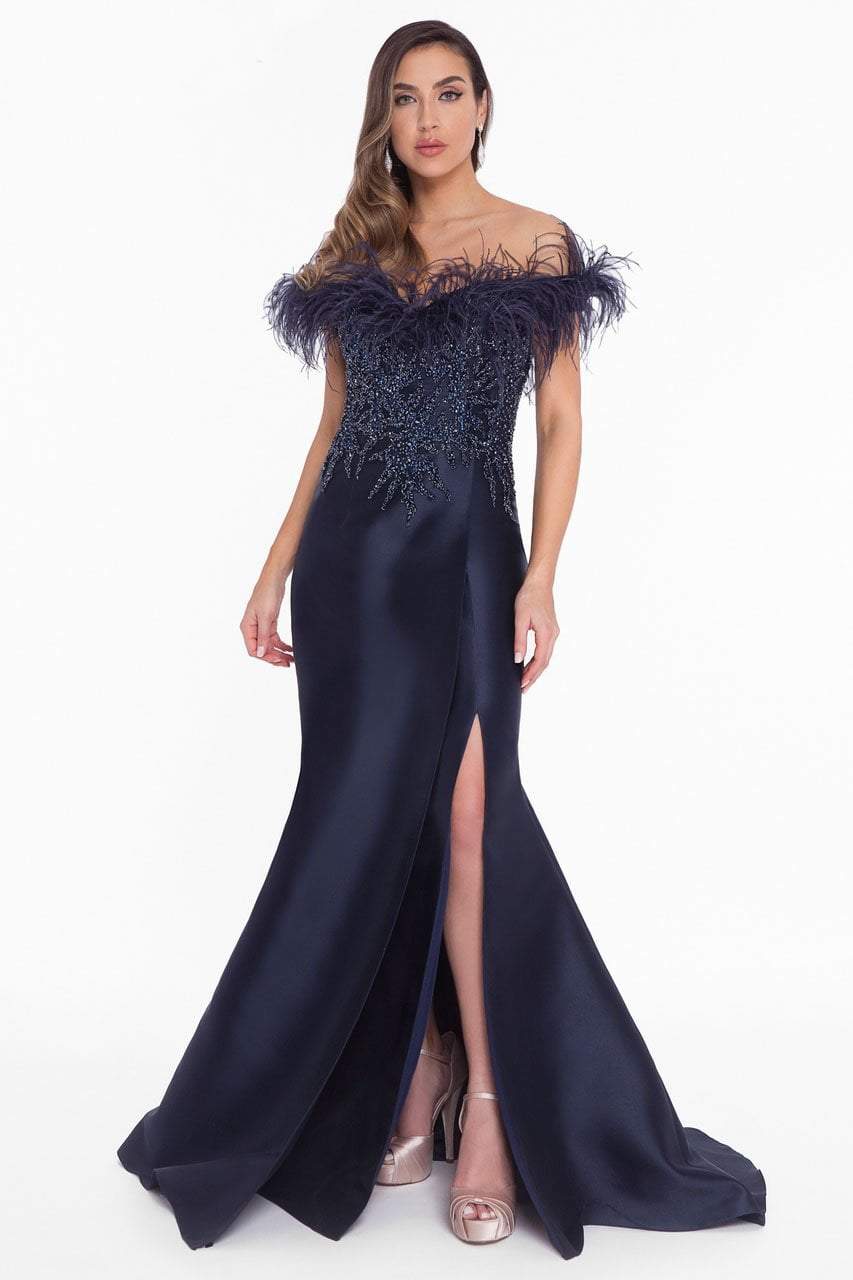 Image of Terani Couture - 1821E7142 Feather Accent Off Shoulder Mermaid Dress