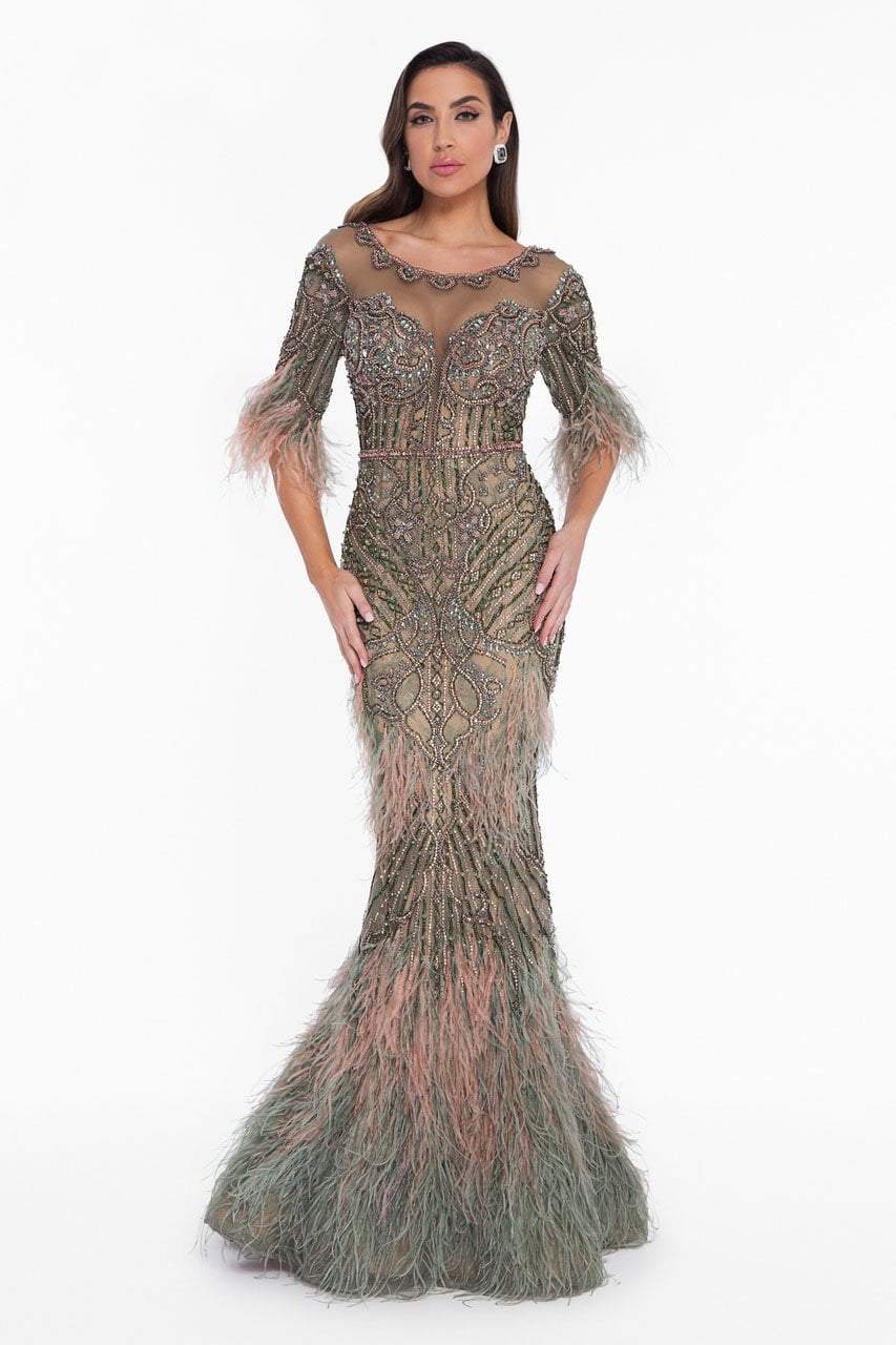 Image of Terani Couture - 1821GL7412 Feather Ornate Illusion Scoop Beaded Gown