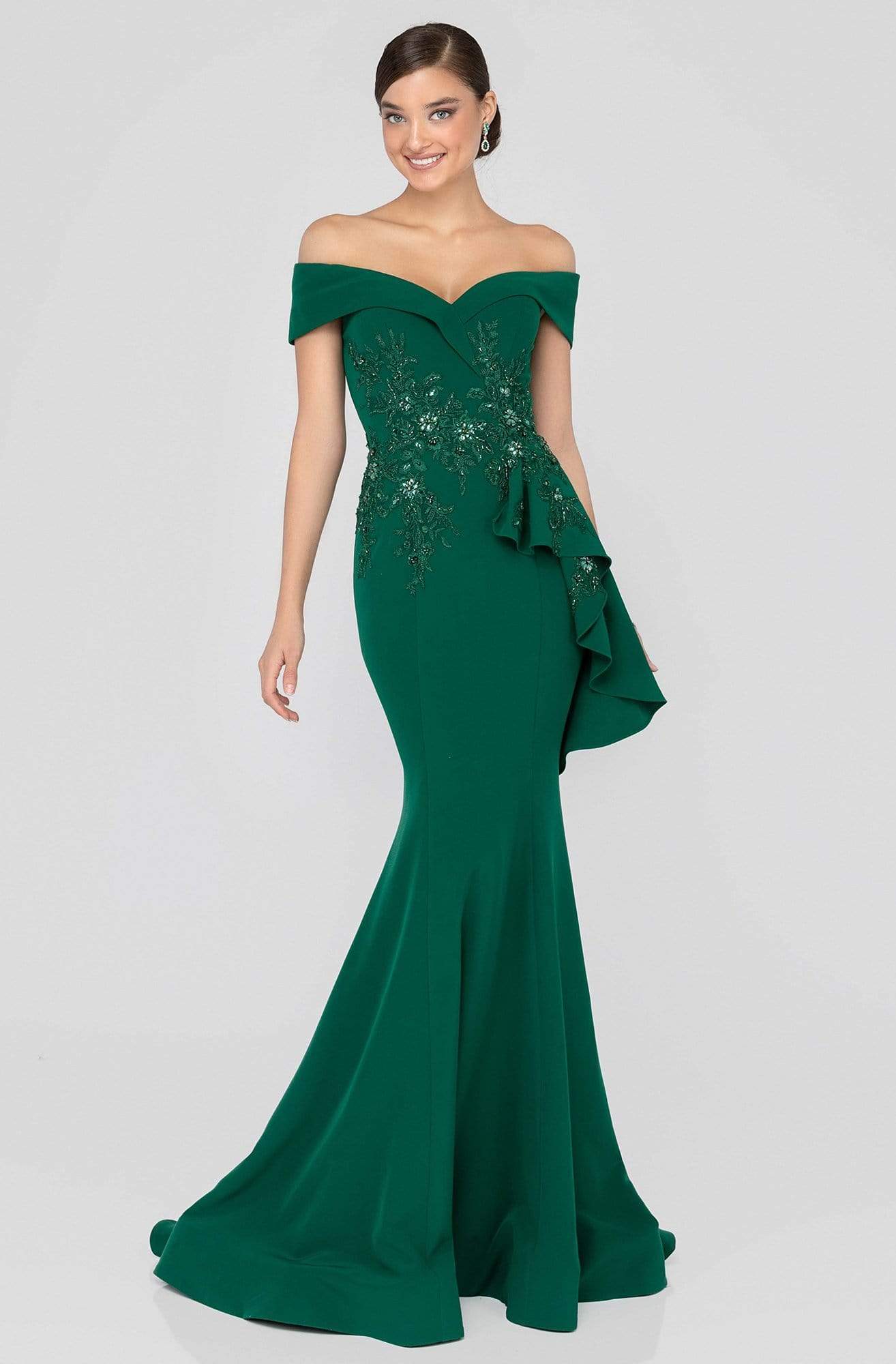 Image of Terani Couture - 1911M9339 Off Shoulder Side Drape Peplum Mermaid Gown