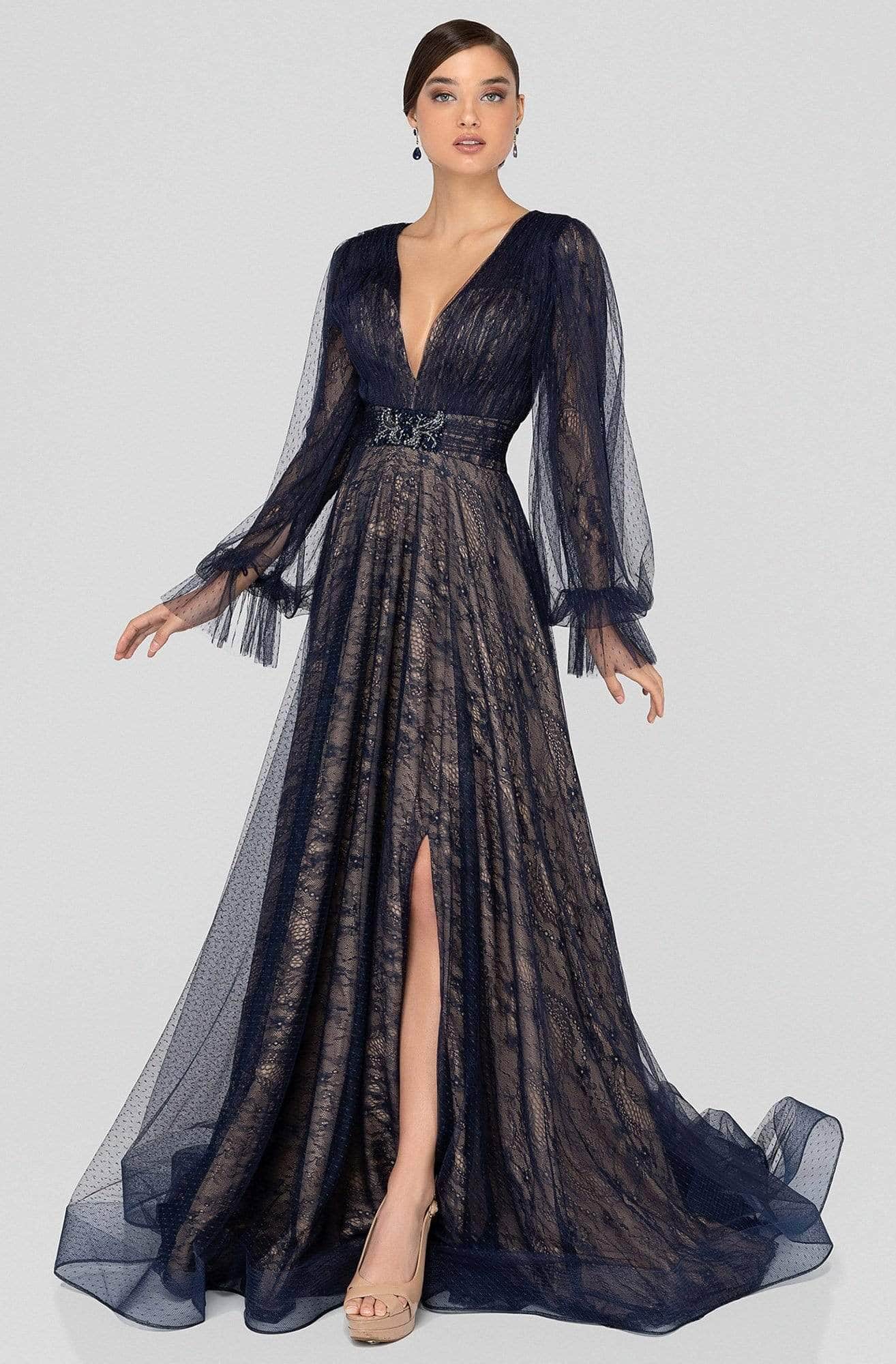 Image of Terani Couture - 1913M9414 Lace V-neck A-line Dress