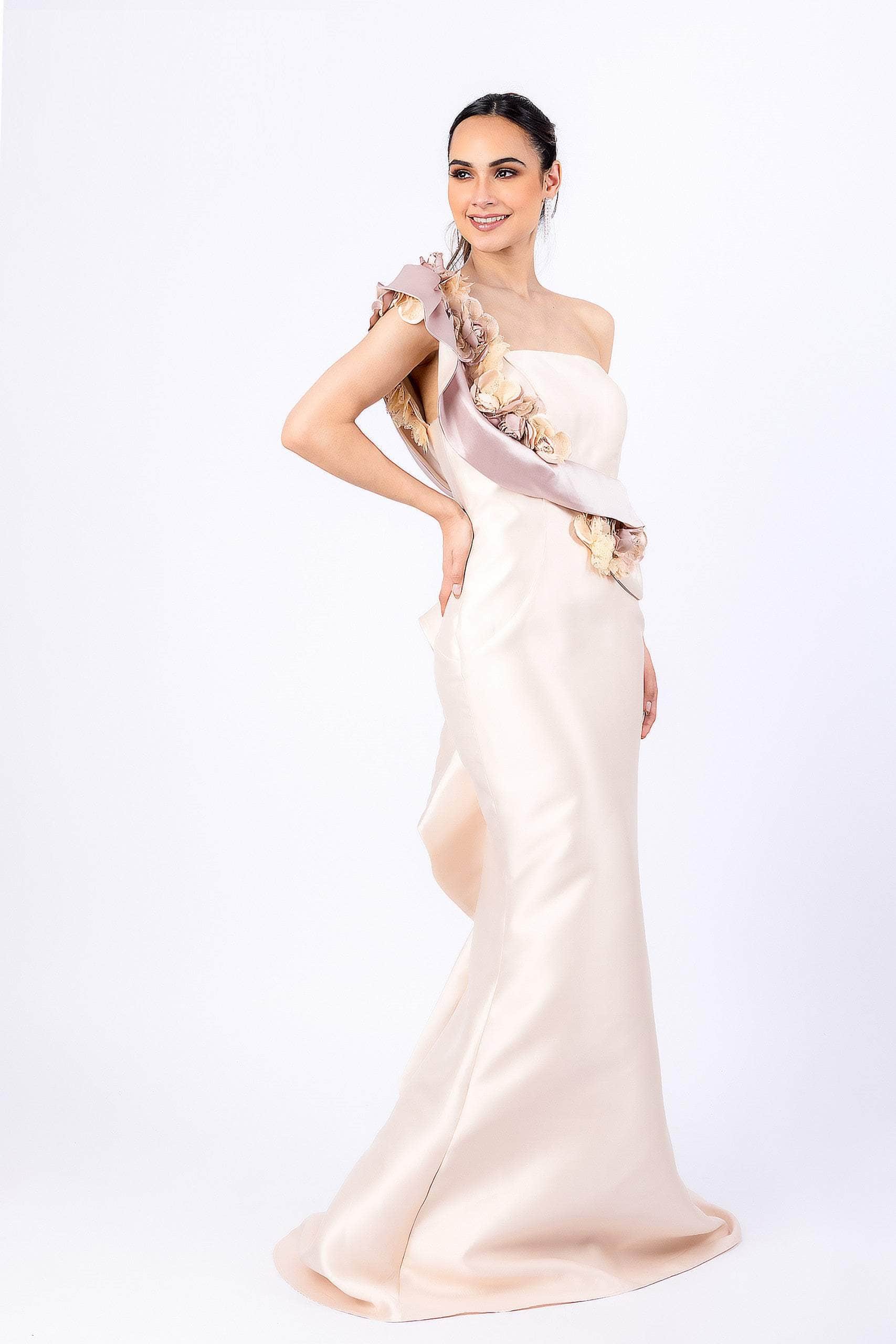 Image of Terani Couture - 2011E2424 One Shoulder Floral Ruffle Trimmed Gown