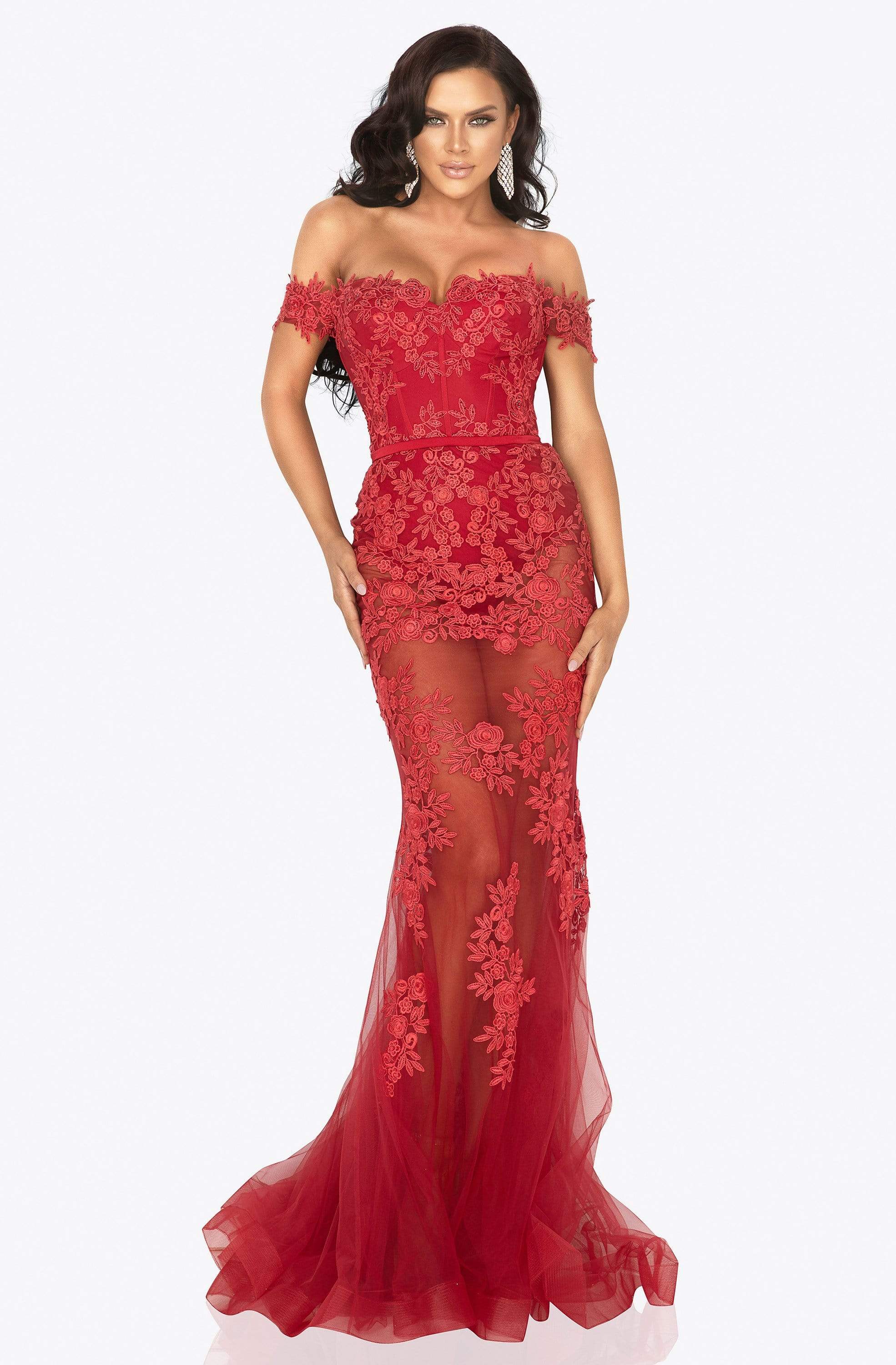 Image of Terani Couture - 2012P1471 Floral Embroidered Off-Shoulder Dress