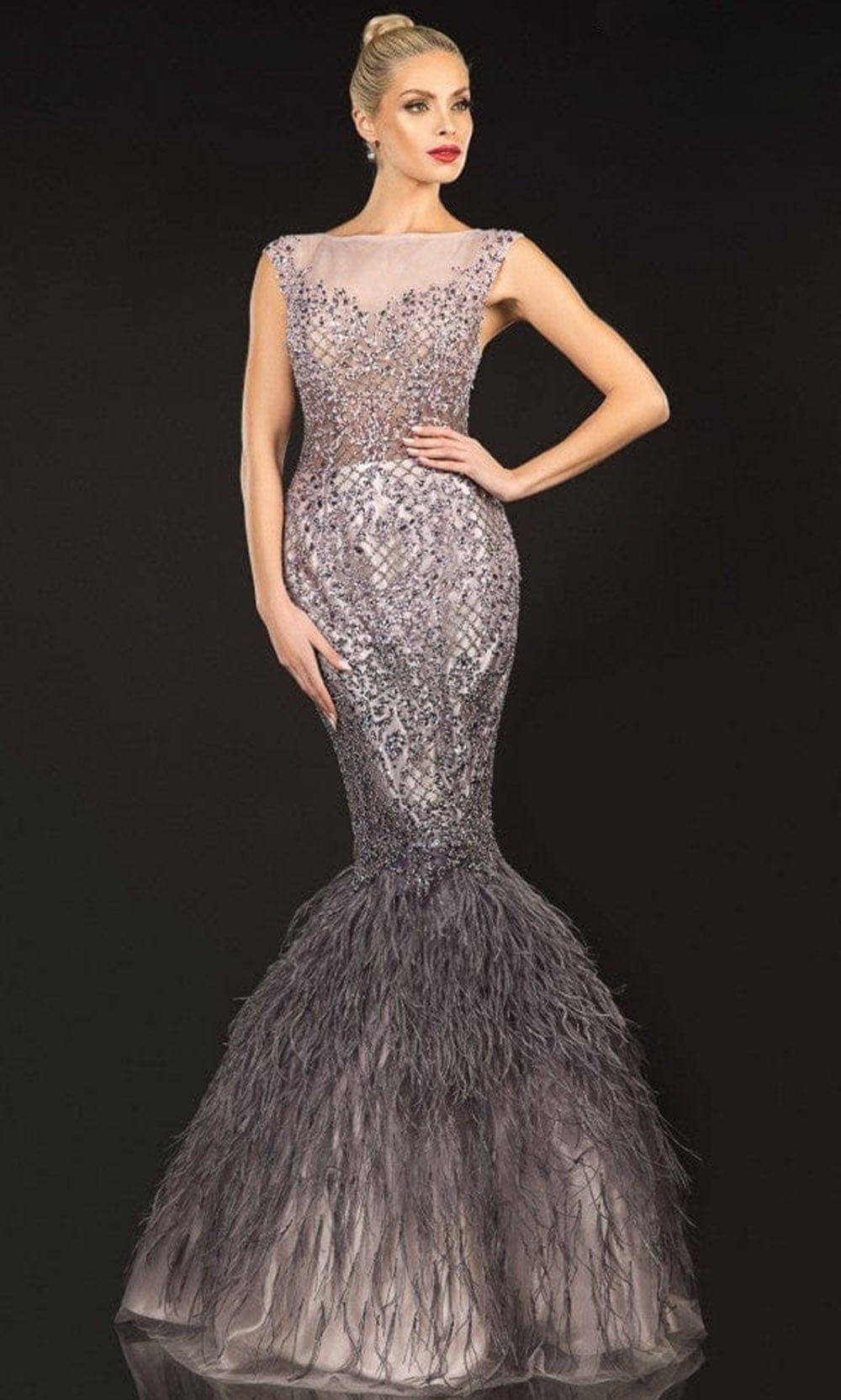 Image of Terani Couture - 2021GL3577 Cap Sleeve Feathered Mermaid Gown