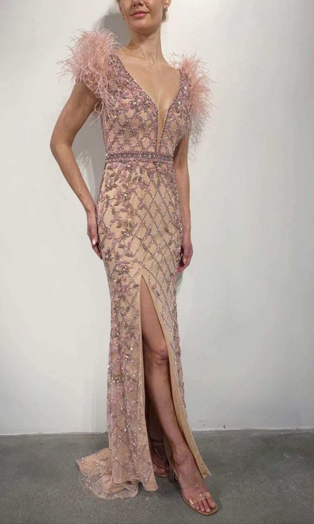Image of Terani Couture - 2027GL3248 Lattice Beaded Hight Slit Gown