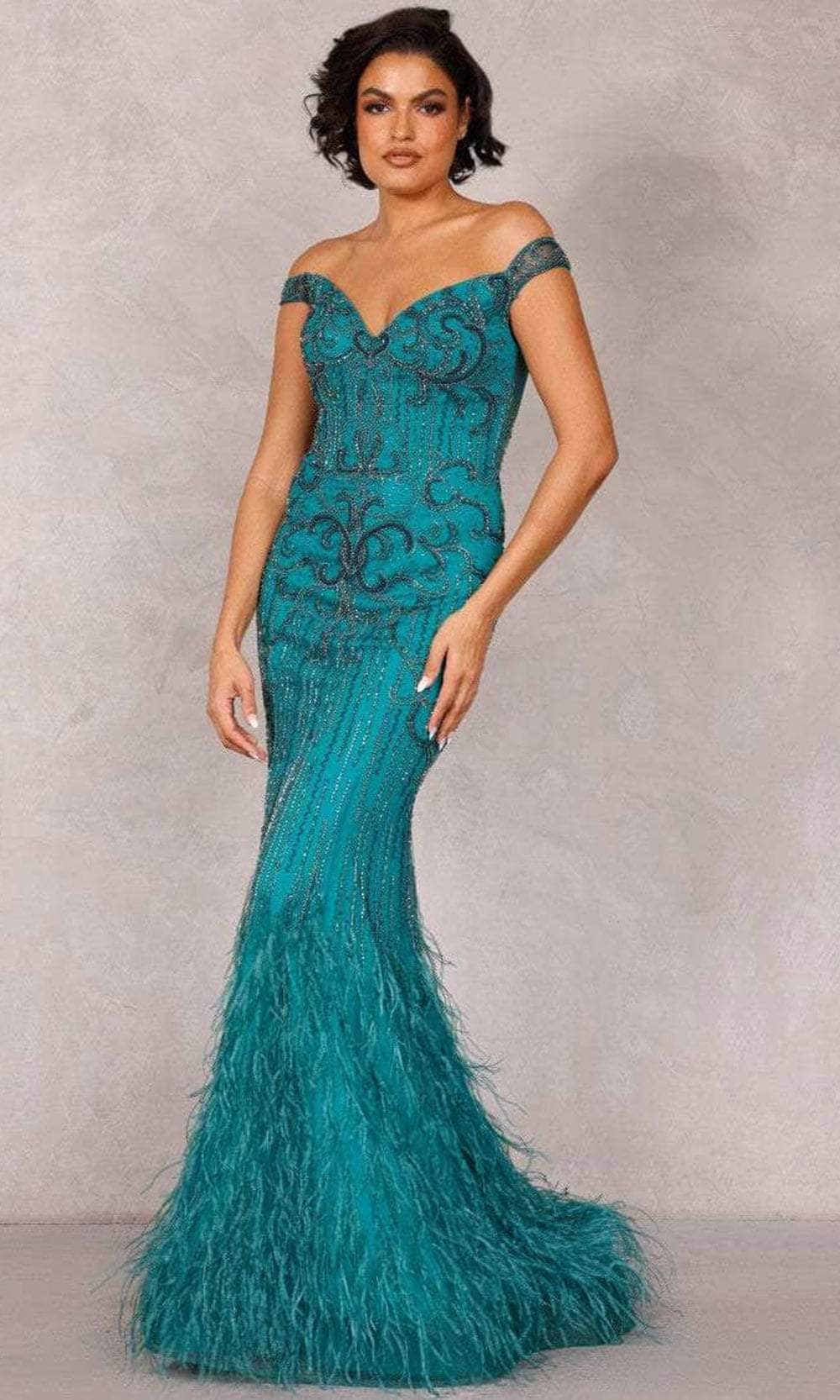Image of Terani Couture 2214GL0113 - Feather-Ornate Beaded Evening Dress