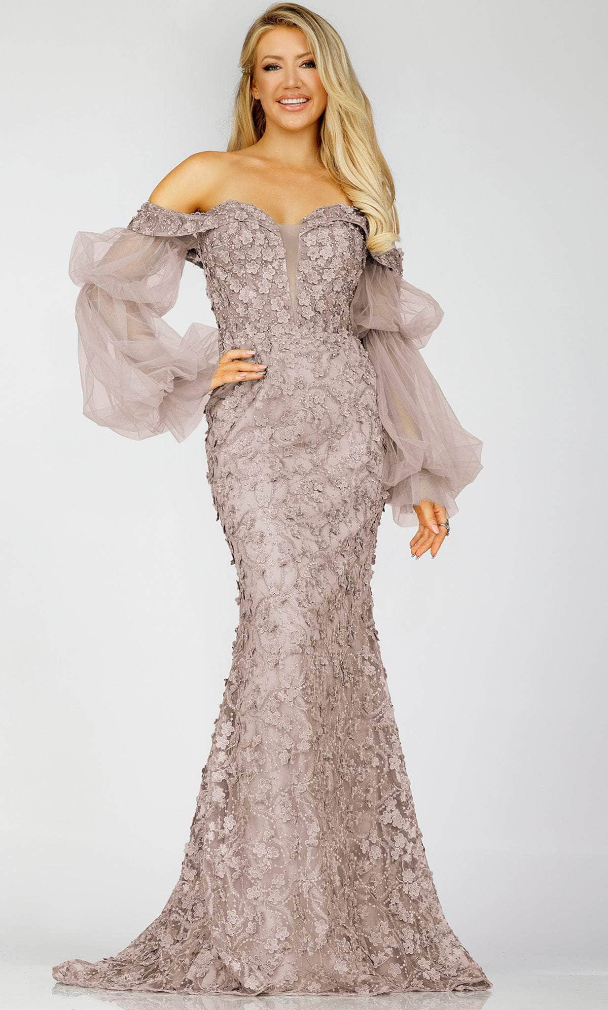 Image of Terani Couture 231E0515 - Off-Shoulder Sheer Sleeves Evening Gown