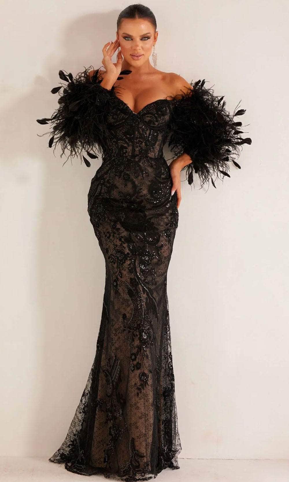 Image of Terani Couture 241E2479 - Embroidered Off-Shoulder Evening Dress