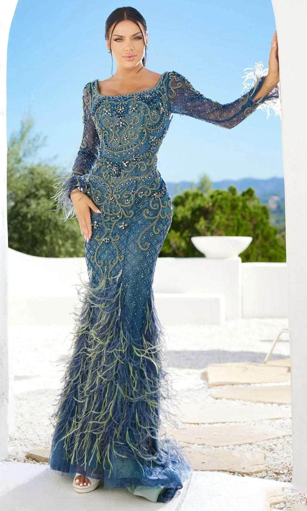 Image of Terani Couture 241GL2646 - Long Sleeve Feather Detailed Evening Dress