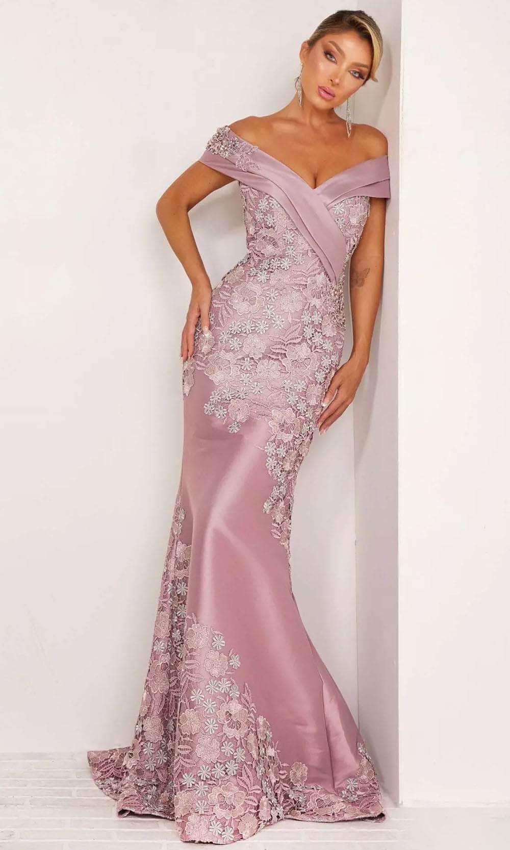 Image of Terani Couture 241M2701 - Floral Embroidered Off-Shoulder Evening Dress