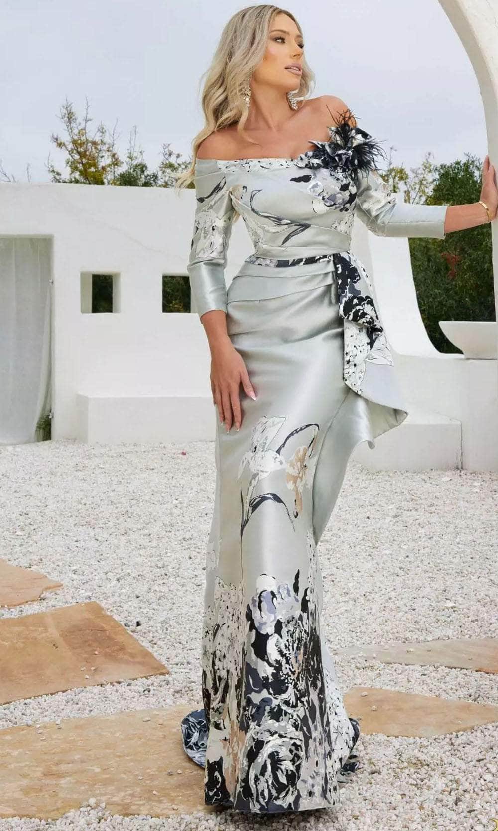 Image of Terani Couture 241M2715 - Off-Shoulder Quarter Sleeve Evening Dress