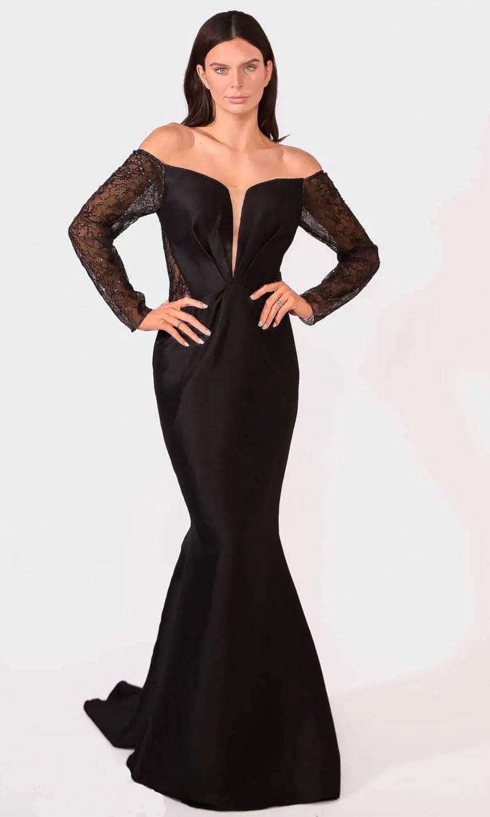Image of Terani Couture 241M2734 - Long Sleeves Off-Shoulder Evening Dress
