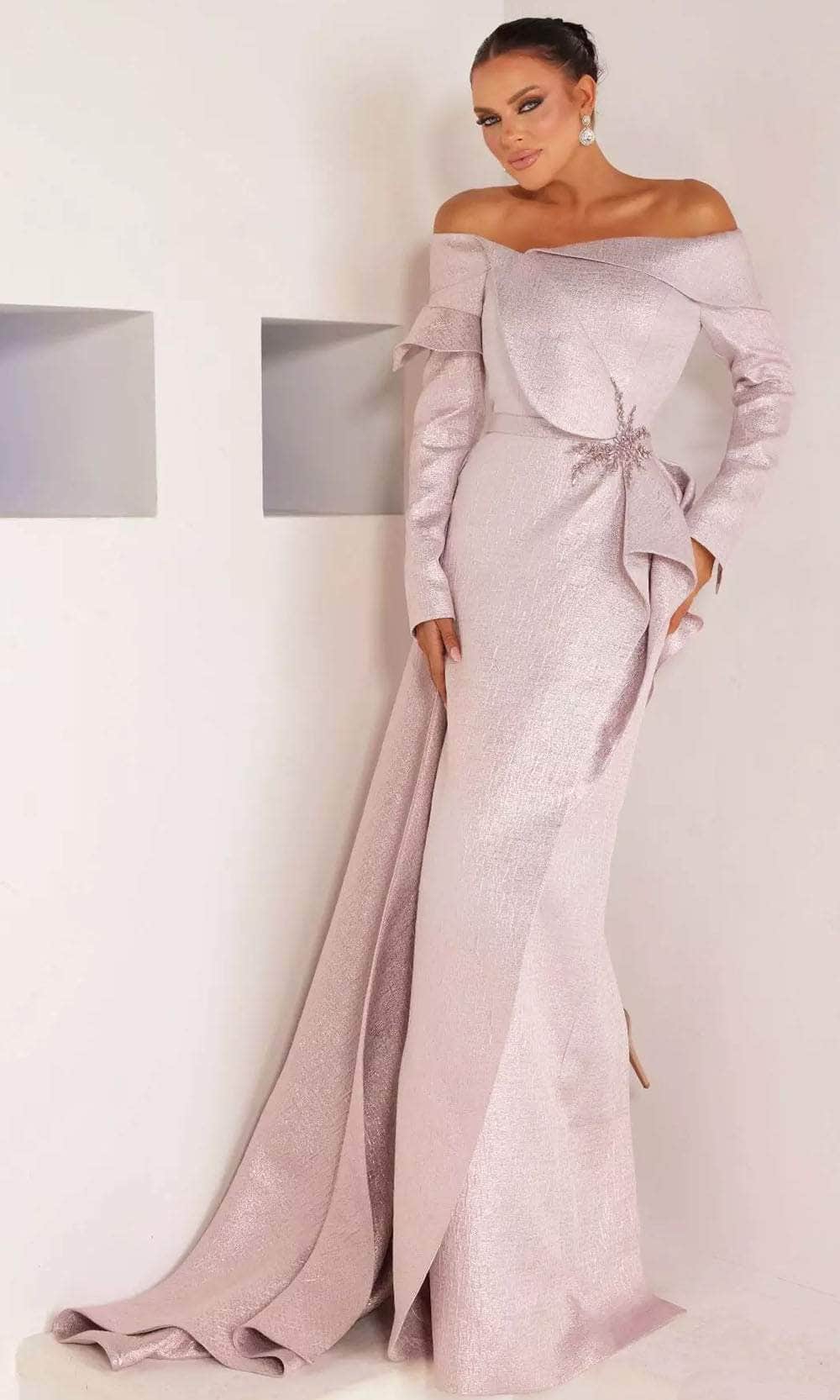Image of Terani Couture 241M2743 - Long Sleeve Off-Shoulder Evening Dress