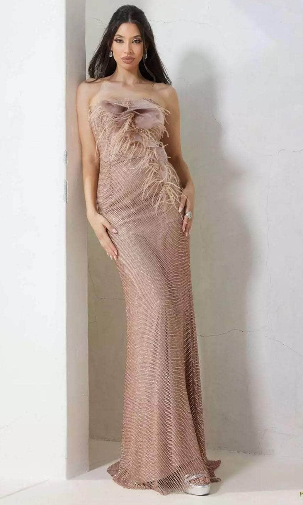 Image of Terani Couture 241P2125 - Feather Detailed Strapless Evening Dress