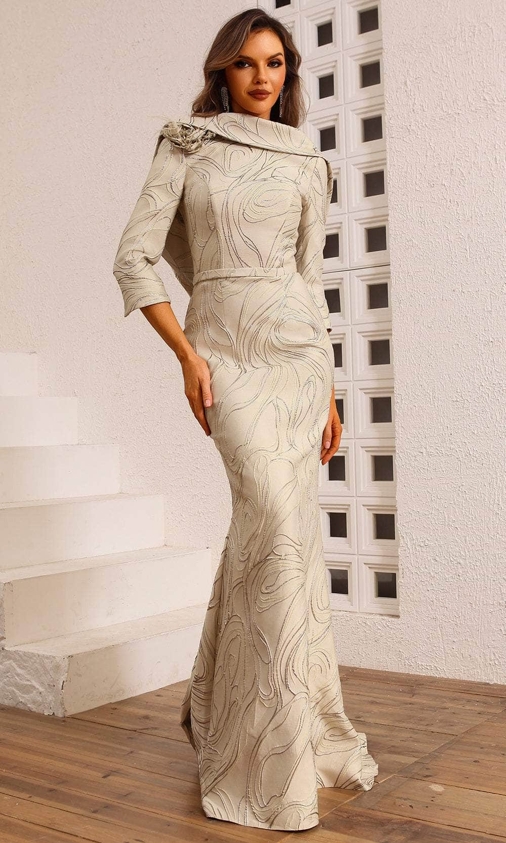 Image of Terani Couture 251M4455 - Quarter Sleeved Jacquard Evening Dress