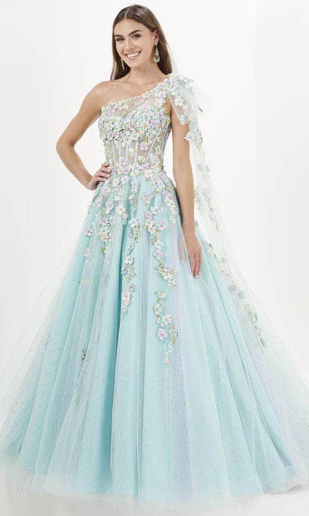 Image of Tiffany Designs 16079 - Floral Appliqued Asymmetric Evening Gown