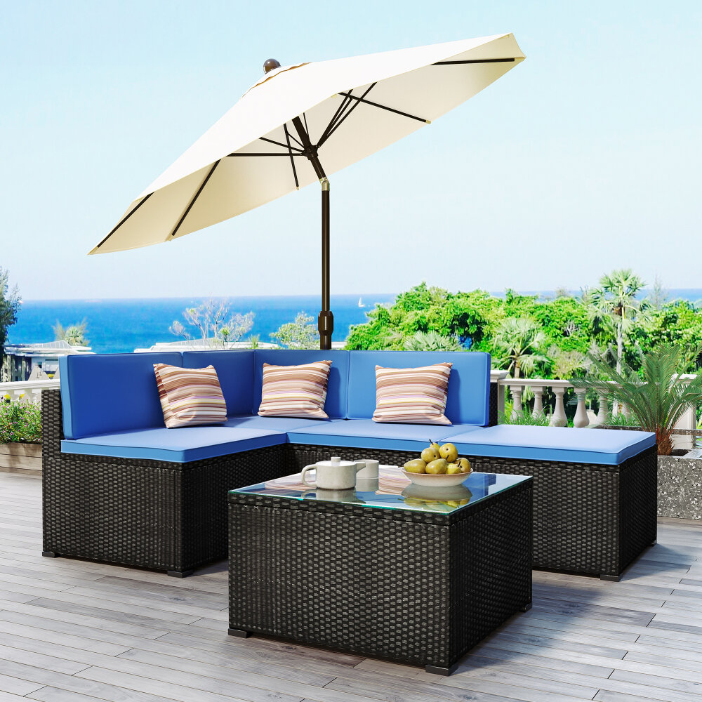 Image of [US Direct] 5 PCS PE Sofa Set Patio Wicker Furniture with 2 Sofa Chairs 1 Corner Chair 1 Ottoman 1 Glass Coffee Table Ou