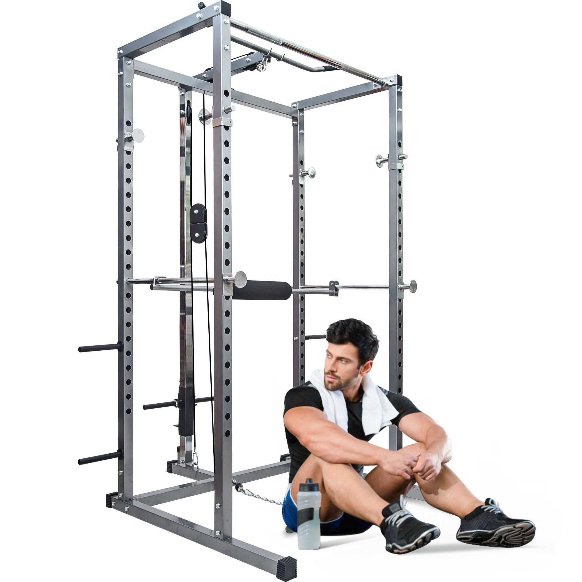 Image of [US Direct] BOMINFIT Multi-Function Power Cage Power Tower 175-68'' High Adjustable Dipping Station Barbell Stand Squat